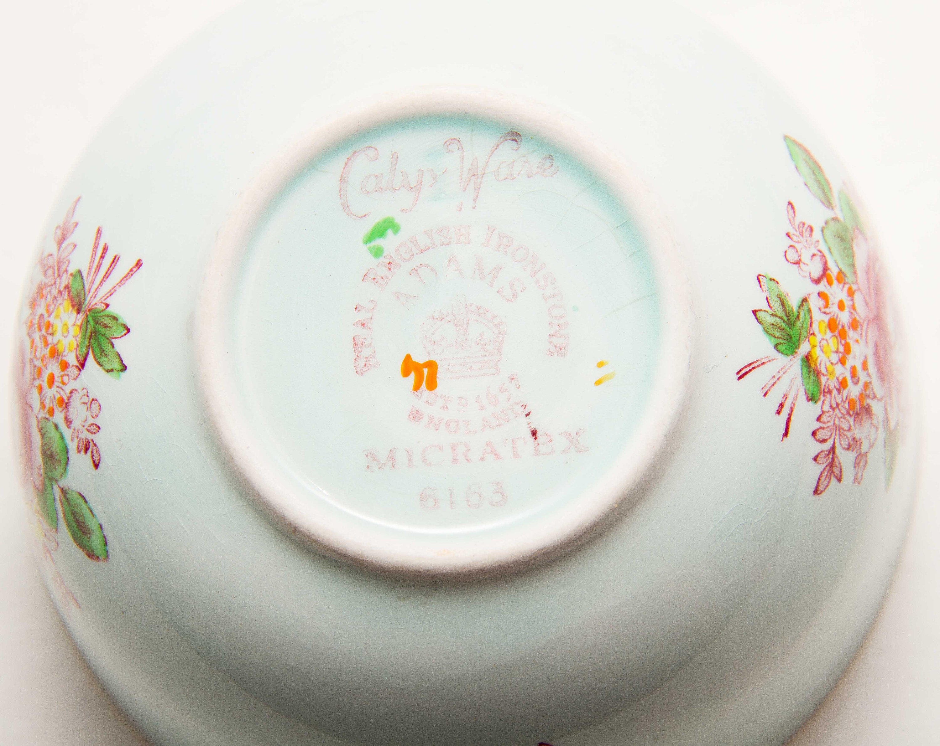 Adams Calyx Ware Micratex green pink Oriental flowers Vintage Adams crown mark English Ironstone sugar bowl dish pottery replacements
