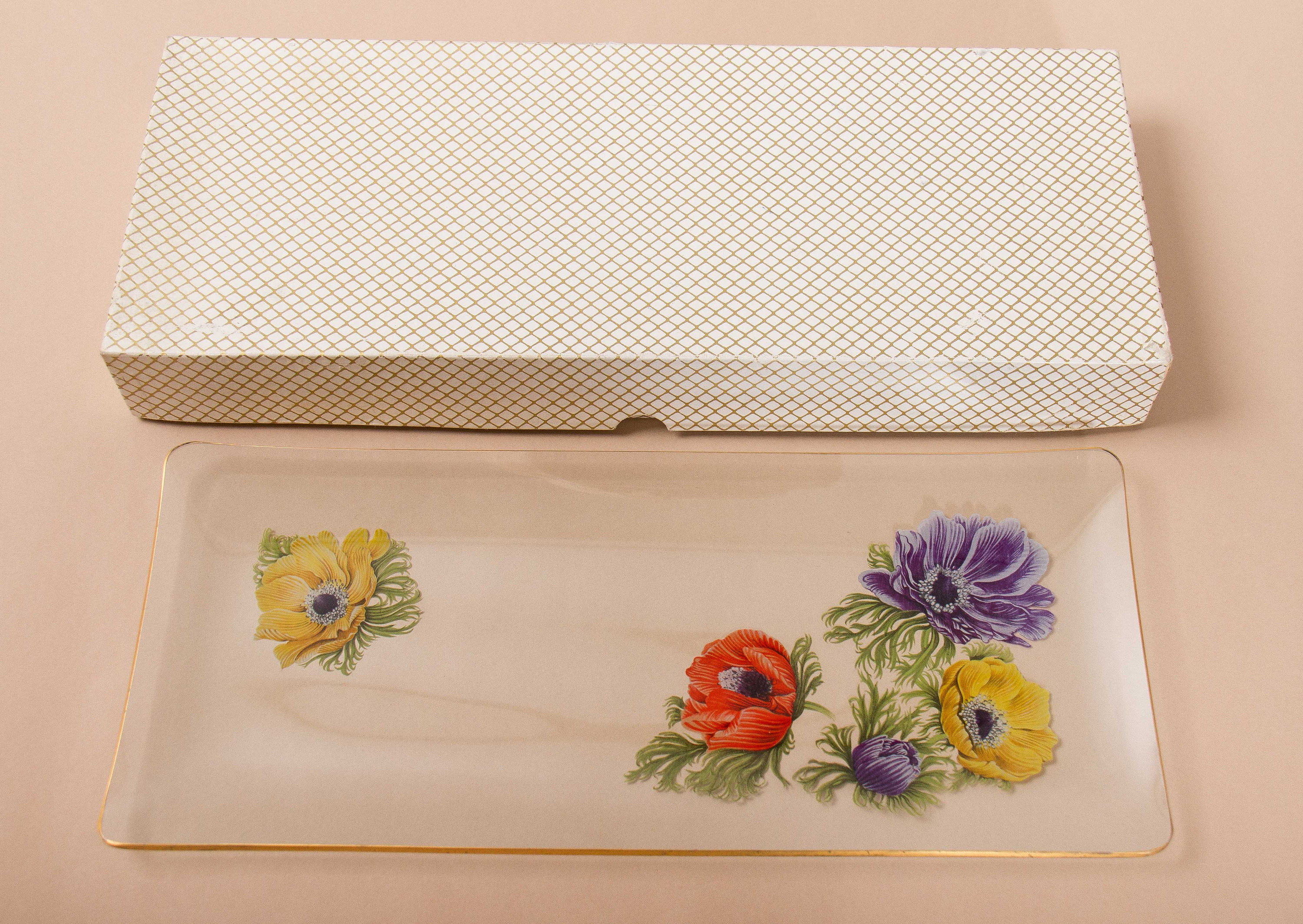 CHANCE Glass Rectangle Tray Anemone Flowers pattern red, purple, yellow on clear glass gold rim original box Mid Century