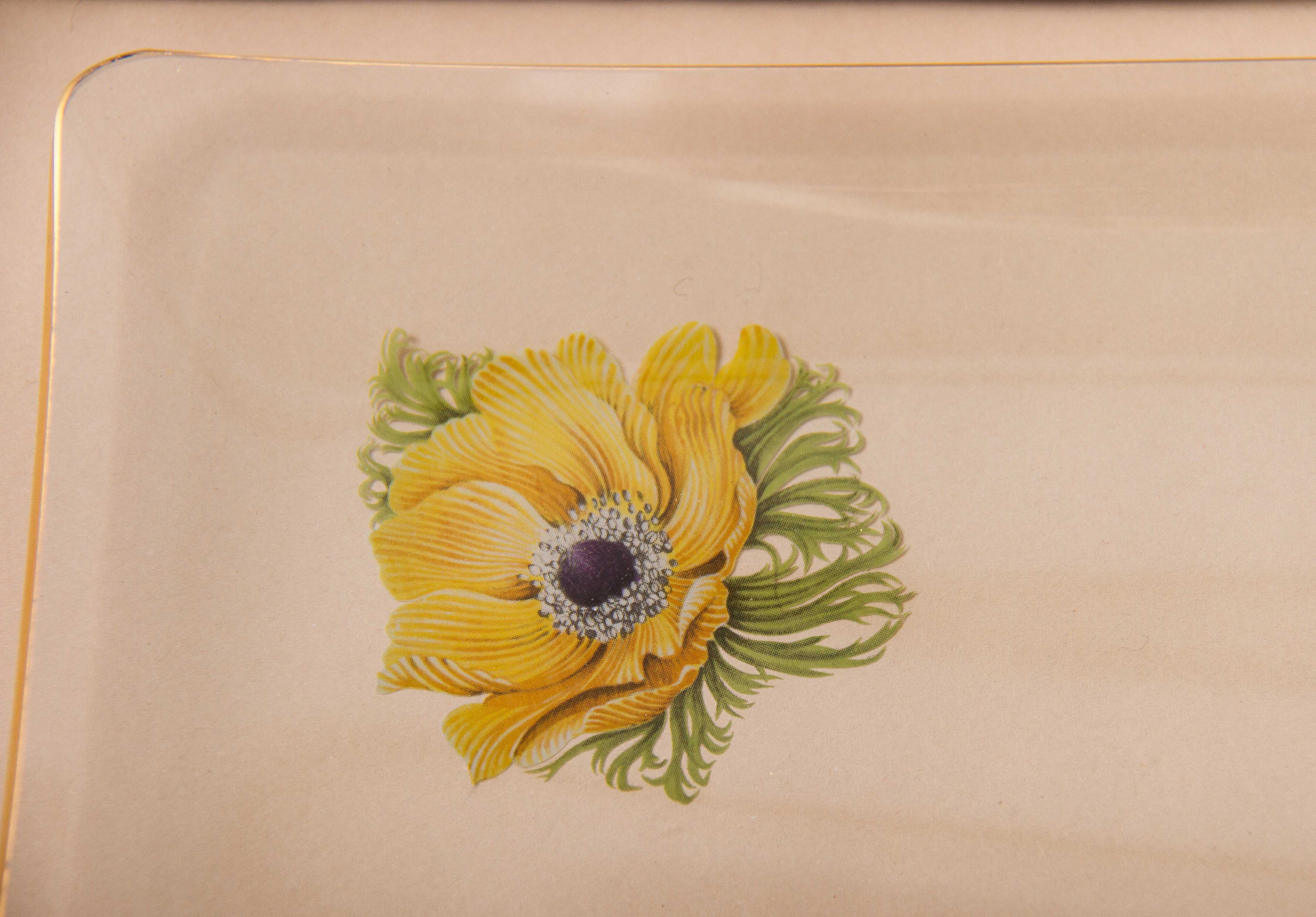CHANCE Glass Rectangle Tray Anemone Flowers pattern red, purple, yellow on clear glass gold rim original box Mid Century
