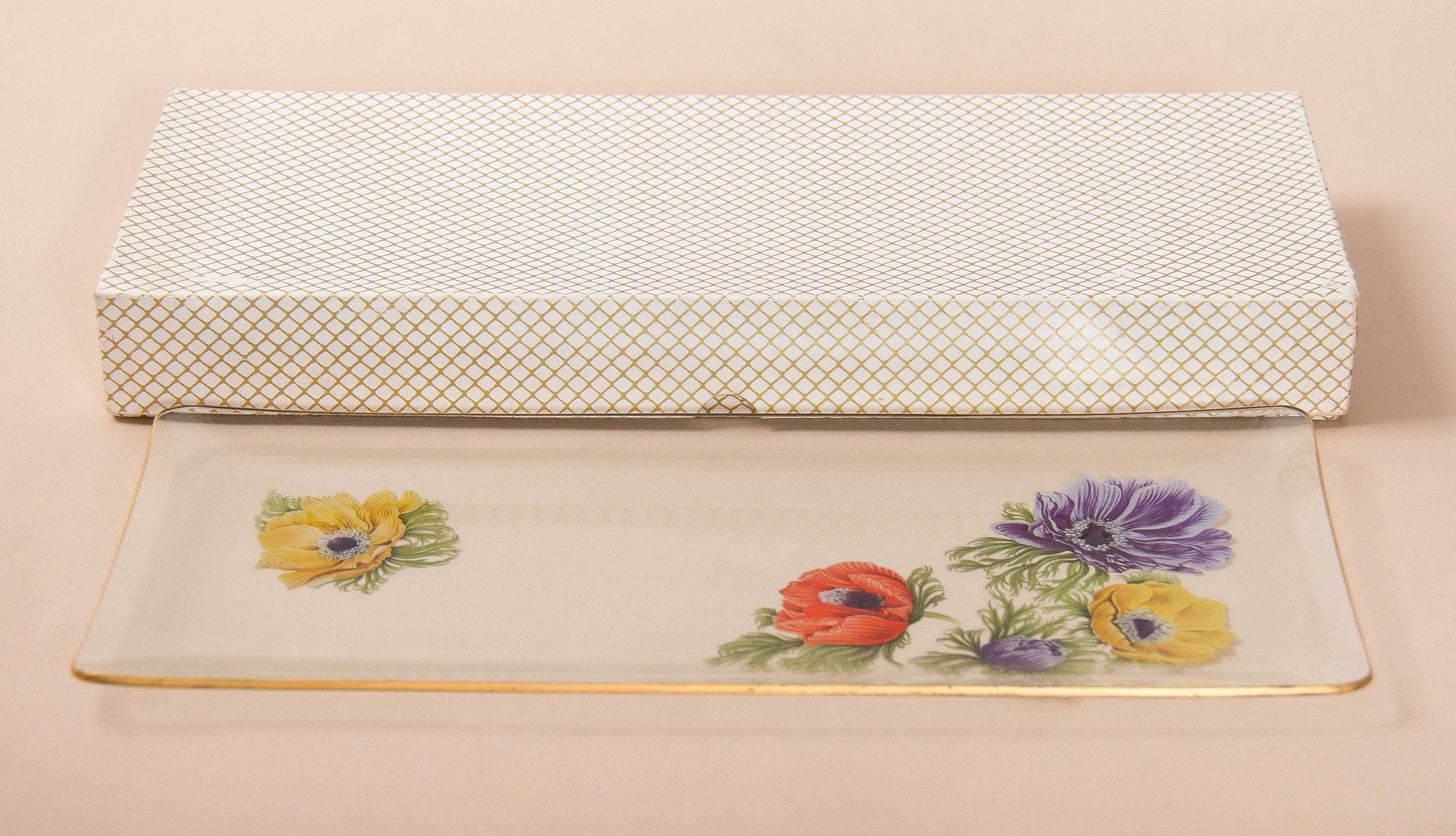 CHANCE Glass Rectangle Tray Anemone Flowers pattern red, purple, yellow on clear glass gold rim original box Mid Century