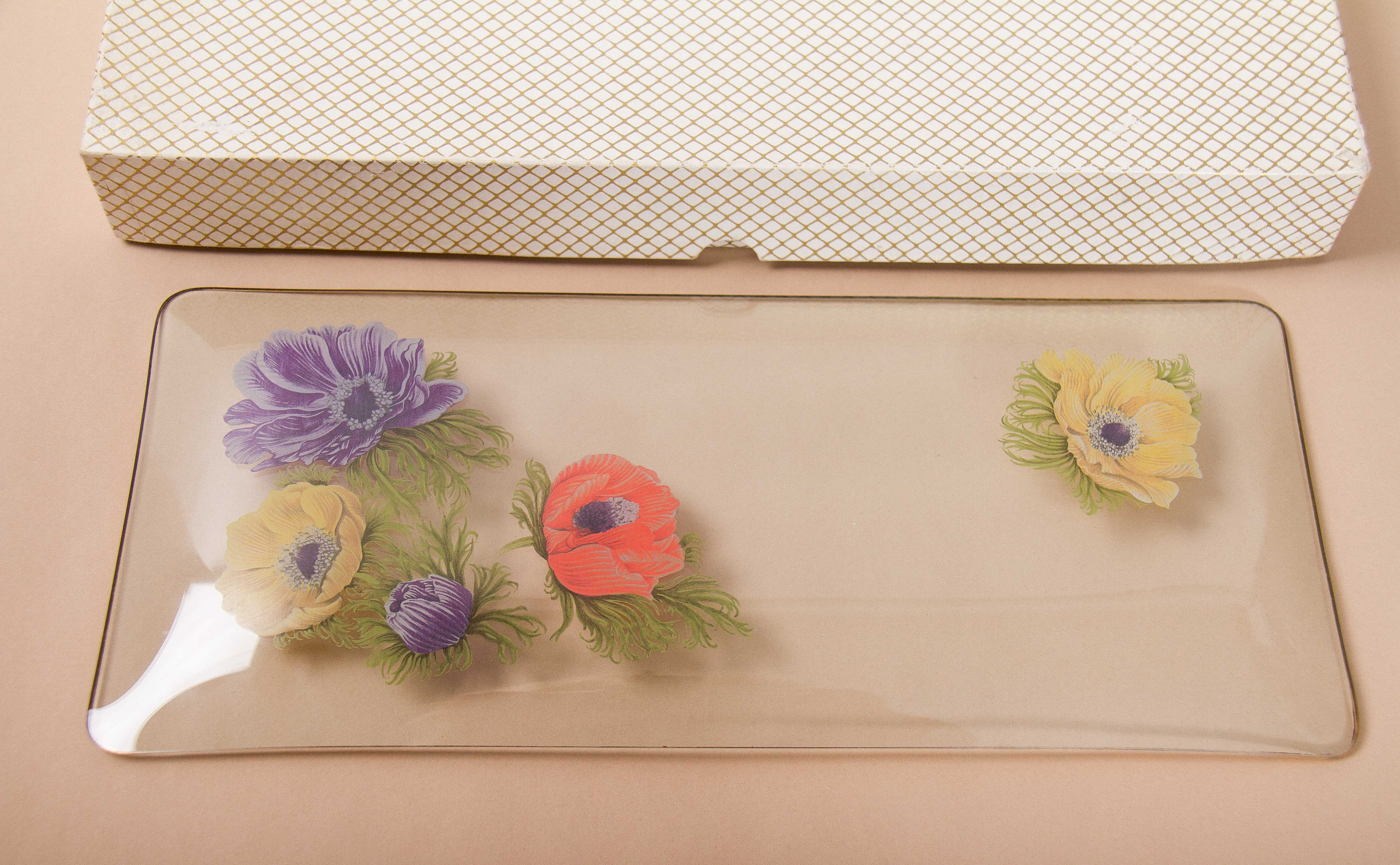 CHANCE Glass Rectangle Tray Anemone Flowers pattern red, purple, yellow on clear glass gold rim original box Mid Century