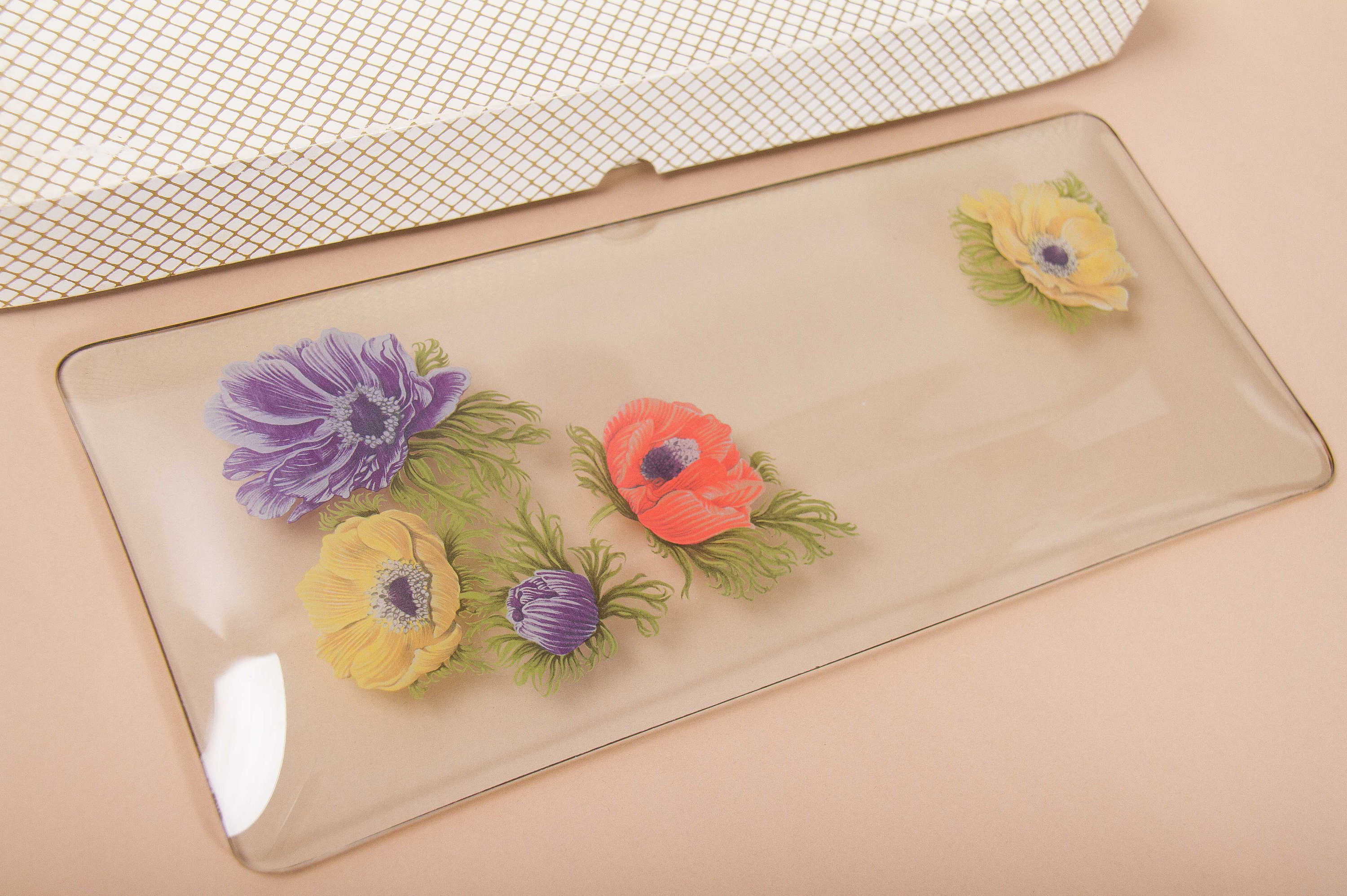 CHANCE Glass Rectangle Tray Anemone Flowers pattern red, purple, yellow on clear glass gold rim original box Mid Century
