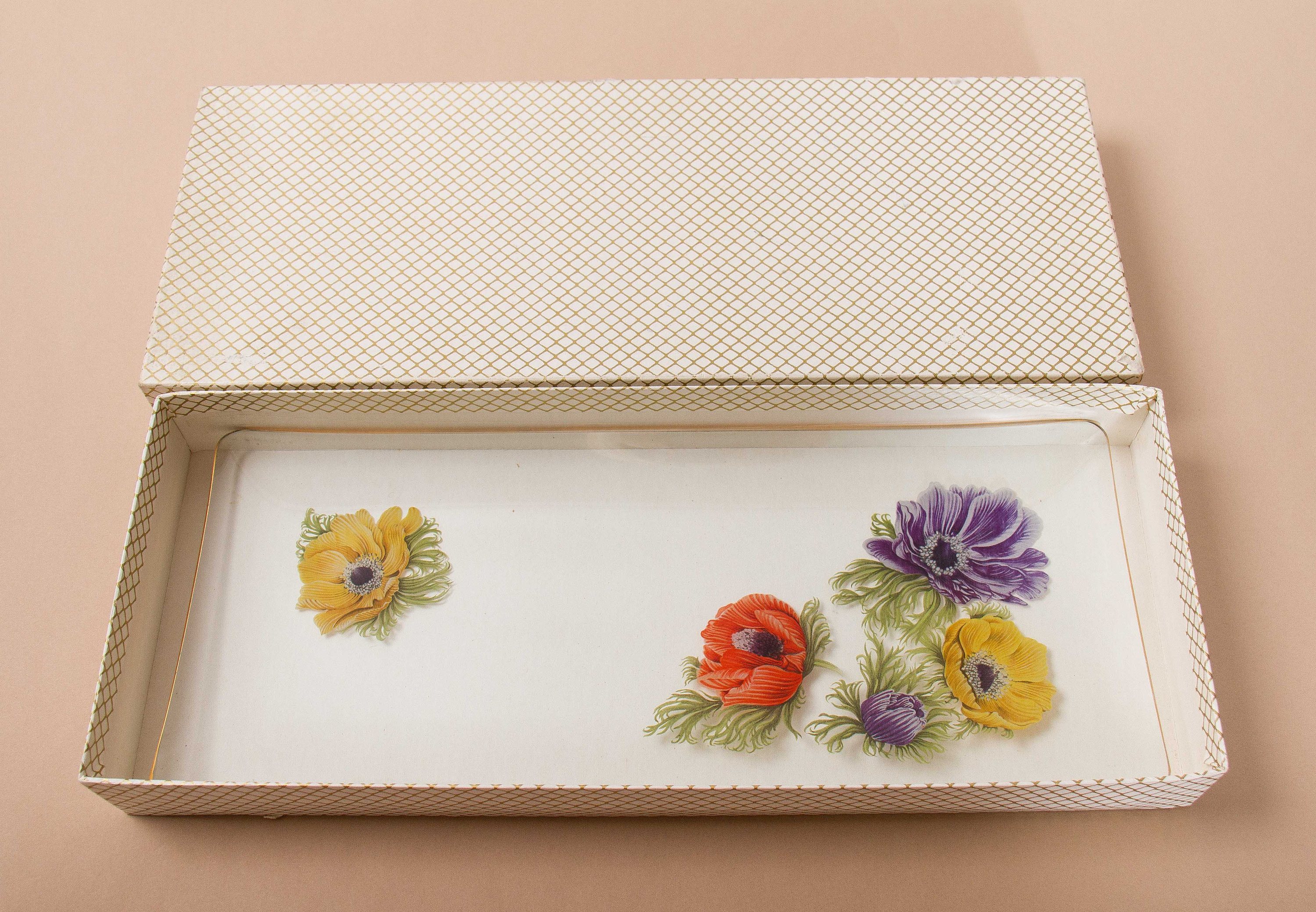 CHANCE Glass Rectangle Tray Anemone Flowers pattern red, purple, yellow on clear glass gold rim original box Mid Century