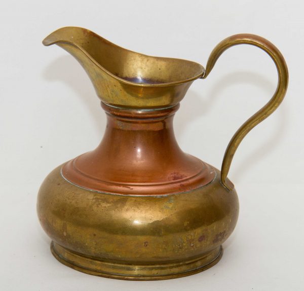 Large brass copper jug, Large brass jug with wide copper band brass spout and handle display prop bar pub cafe restaurant shop vintage metalware