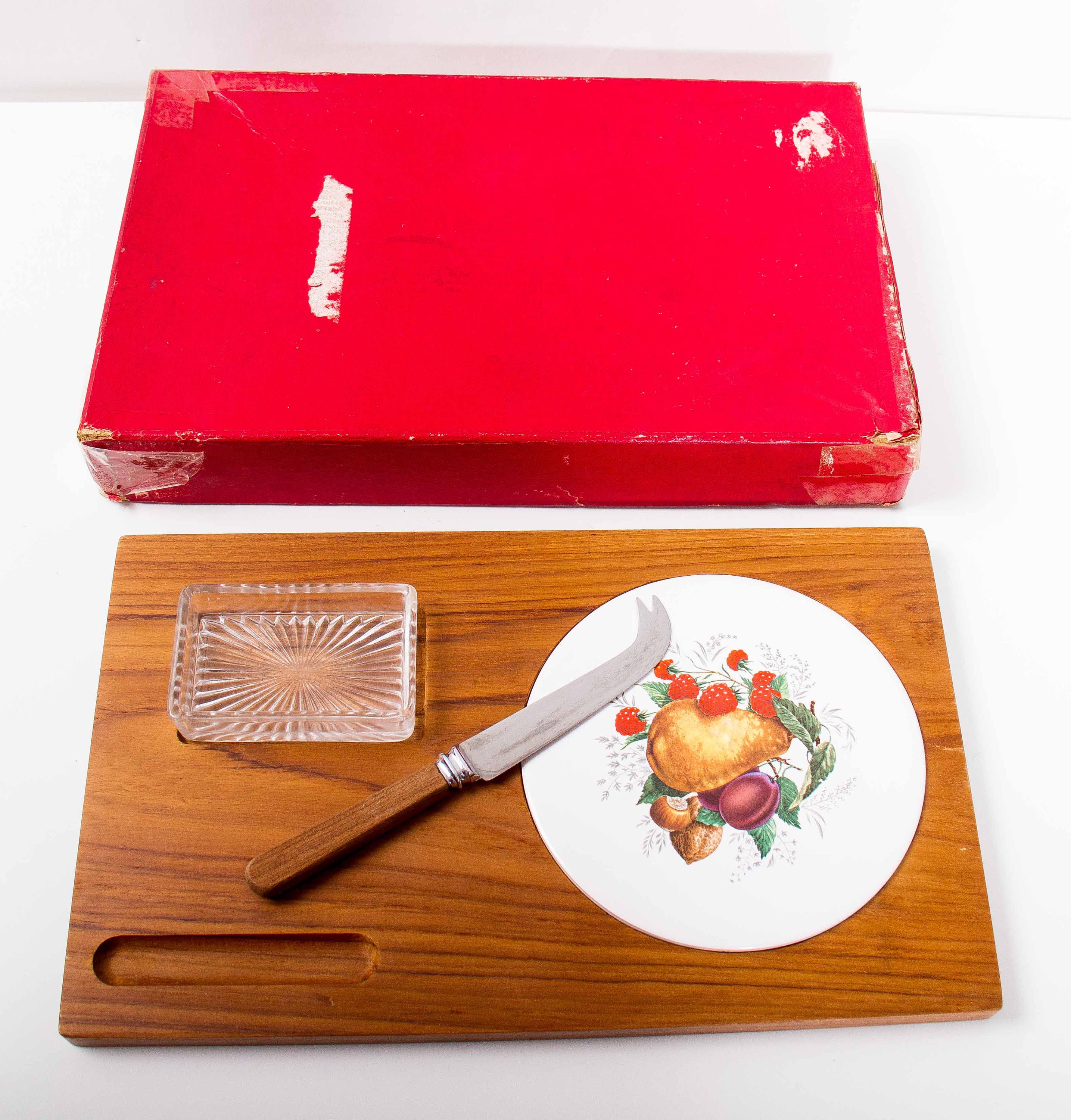 Mid Century Wooden Vintage Cheese Board Set With Glass Butter Dish And Knife Love Vintage 