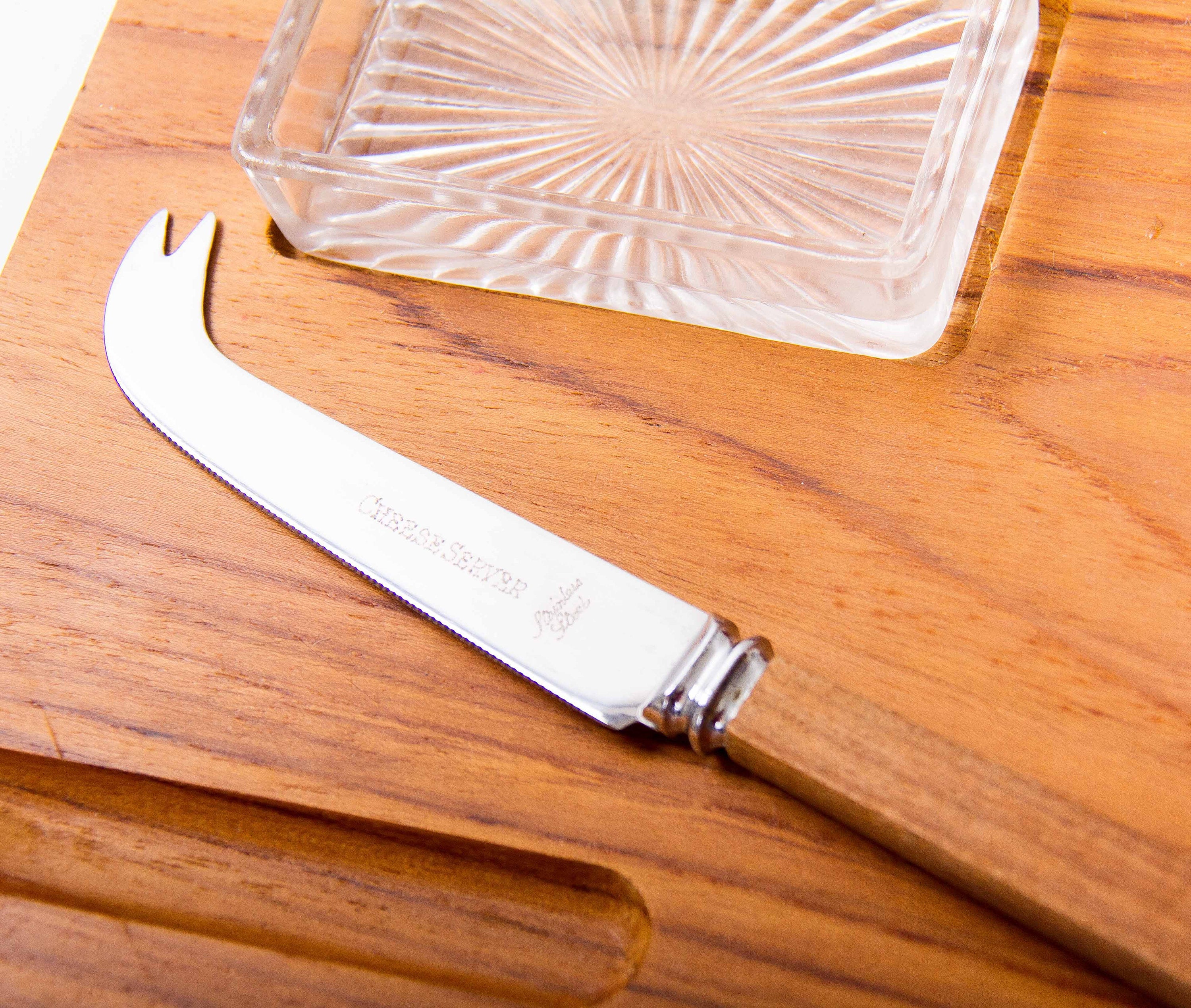 Mid Century wooden vintage cheese board set with glass butter dish & knife