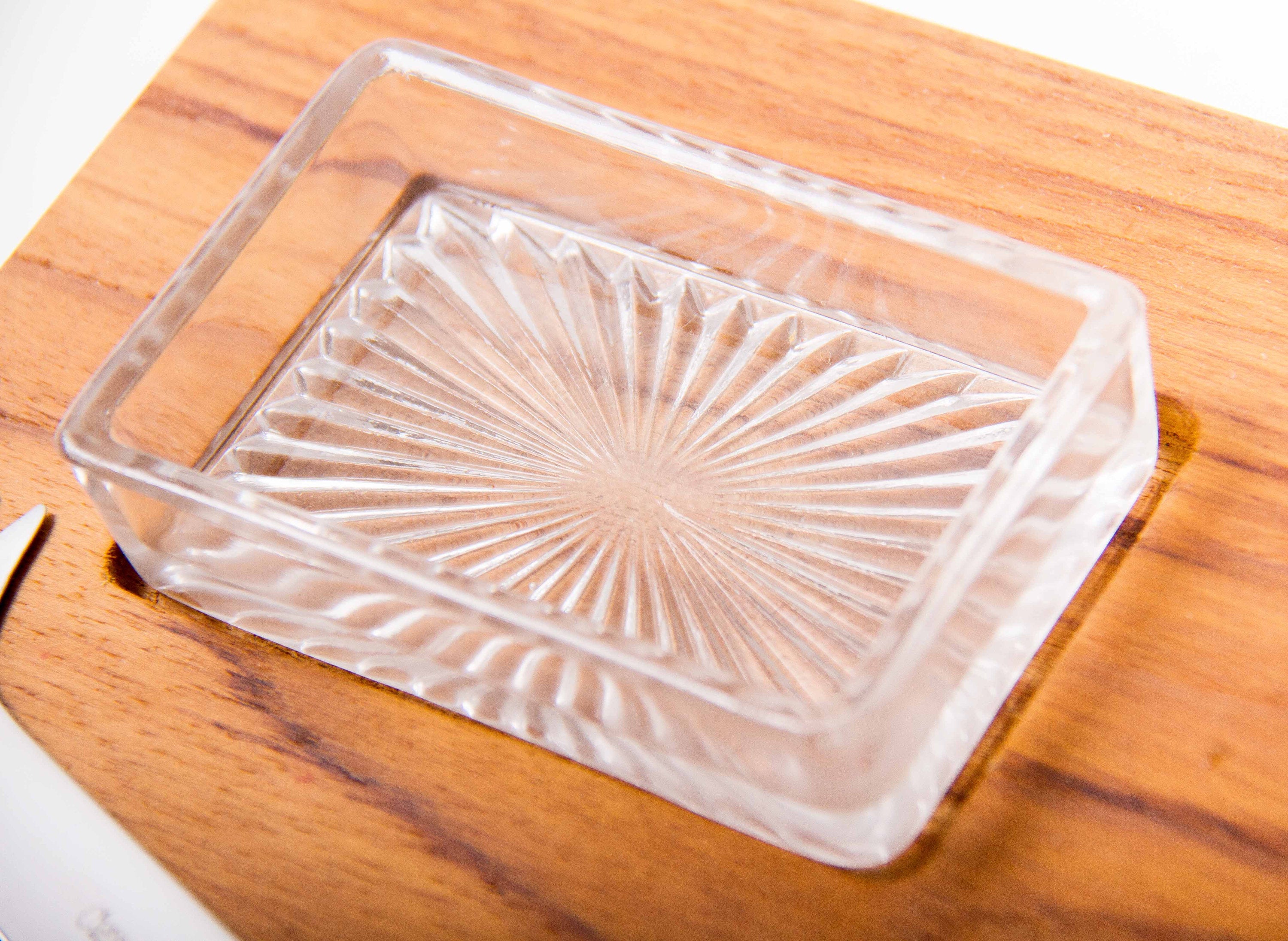 Mid Century wooden vintage cheese board set with glass butter dish & knife