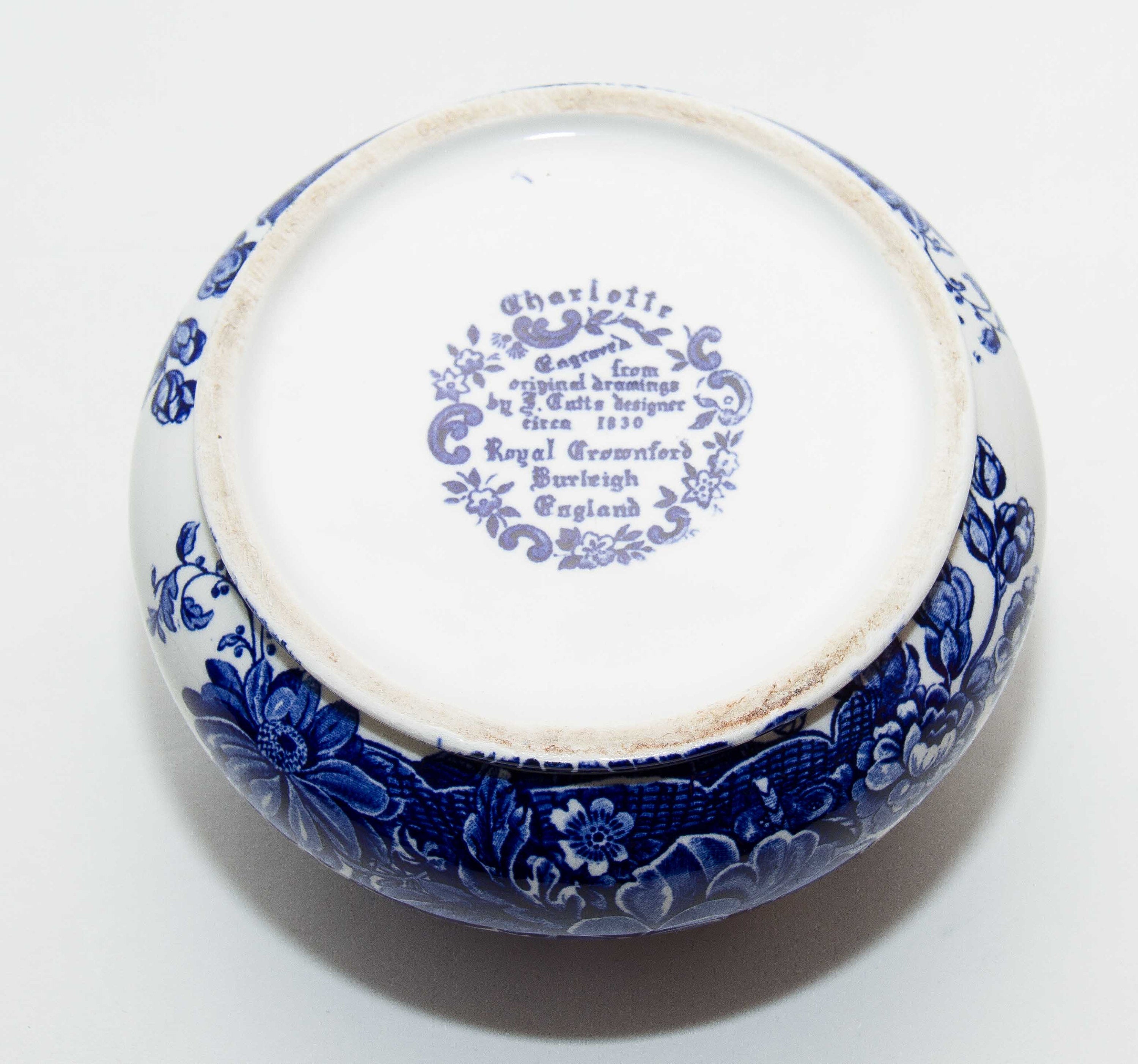 Royal Crownford Transfer Ware Bowl Blue and White Charlotte Burleigh England J Cutts pattern