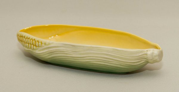 , Sylvac Corn on the Cob Dish sweetcorn shaped bowl dining kitchen serving vintage pottery yellow and green
