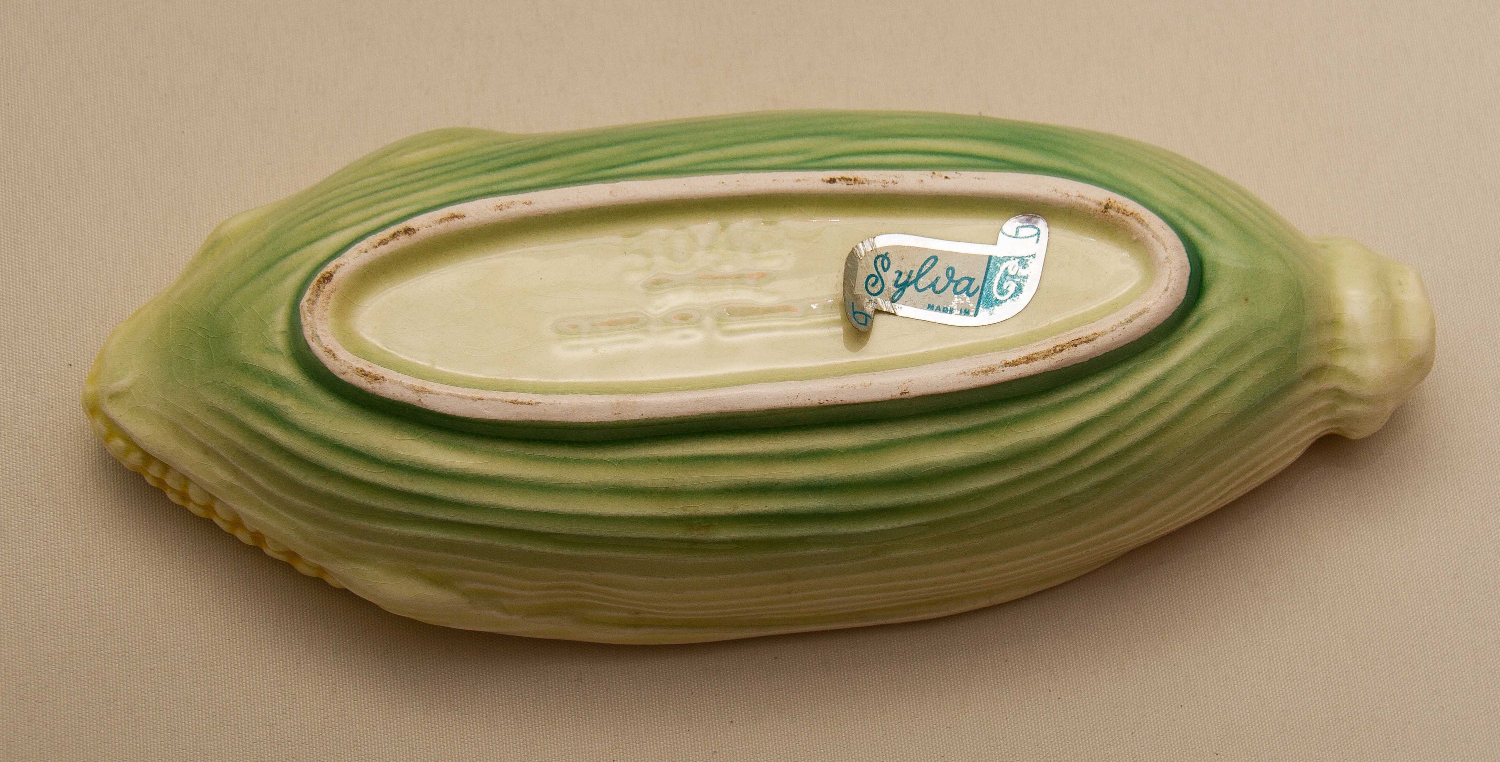 Sylvac Corn on the Cob Dish sweetcorn shaped bowl dining kitchen serving vintage pottery yellow and green