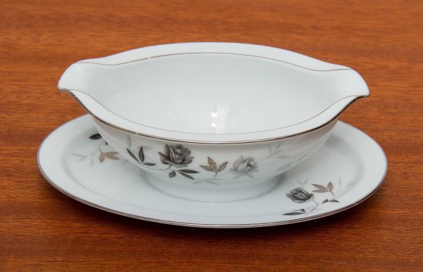 Noritake Gravy Boat, Vintage Noritake Gravy Boat with Attached Underplate in the Rosamor pattern grey floral platinum edge trim pottery china replacement