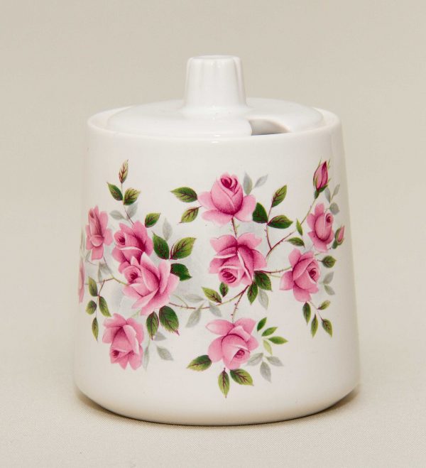 Withernsea Eastgate Pottery, Withernsea Eastgate Pottery Pink Roses pattern white pottery Jar with lid preserves jam honey pot vintage floral flower tableware