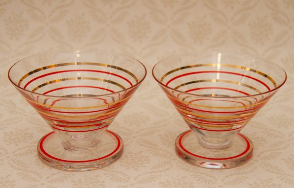 Mid Century Glass Dessert Dishes, Mid Century Gold and Red Patterned Clear Glass Dessert Serving Dishes