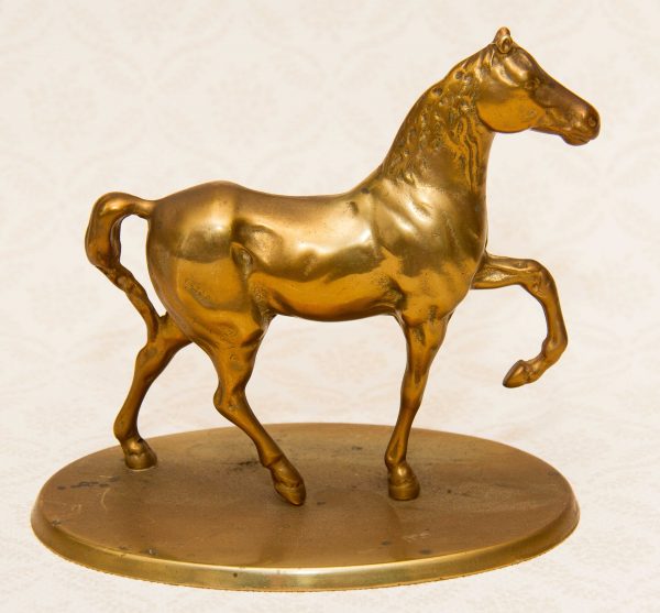 Vintage Brass Cantering Horse, Vintage Brass Cantering Horse Equestrian Figurine Ornament on plinth
