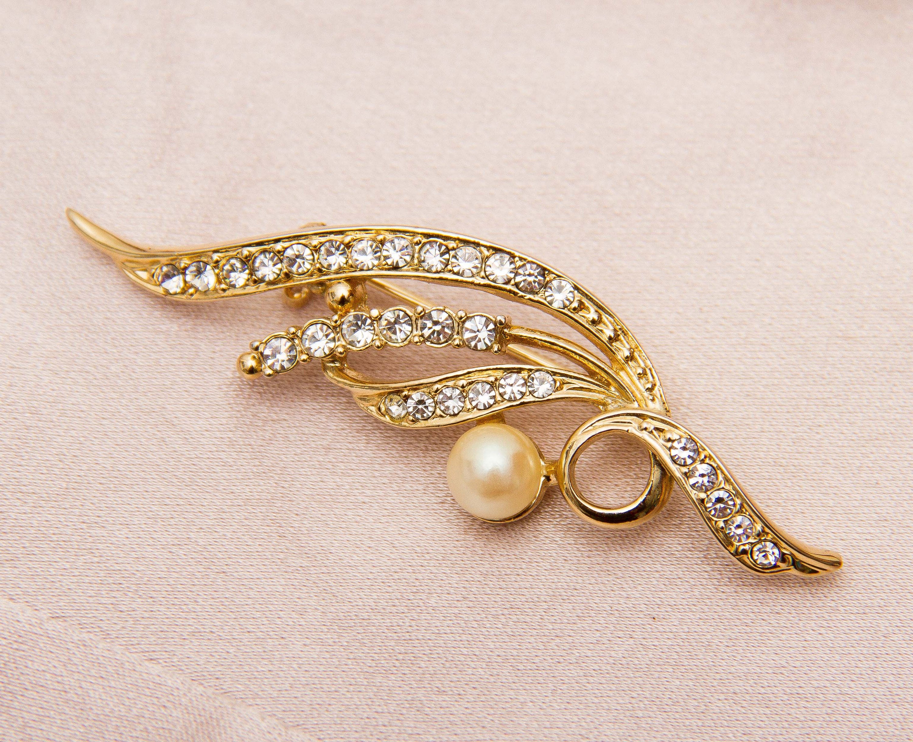 Epinki Jewelry Platinum Plated Brooches for Women Flower Leaf Pearl Cubic Zirconia Brooches