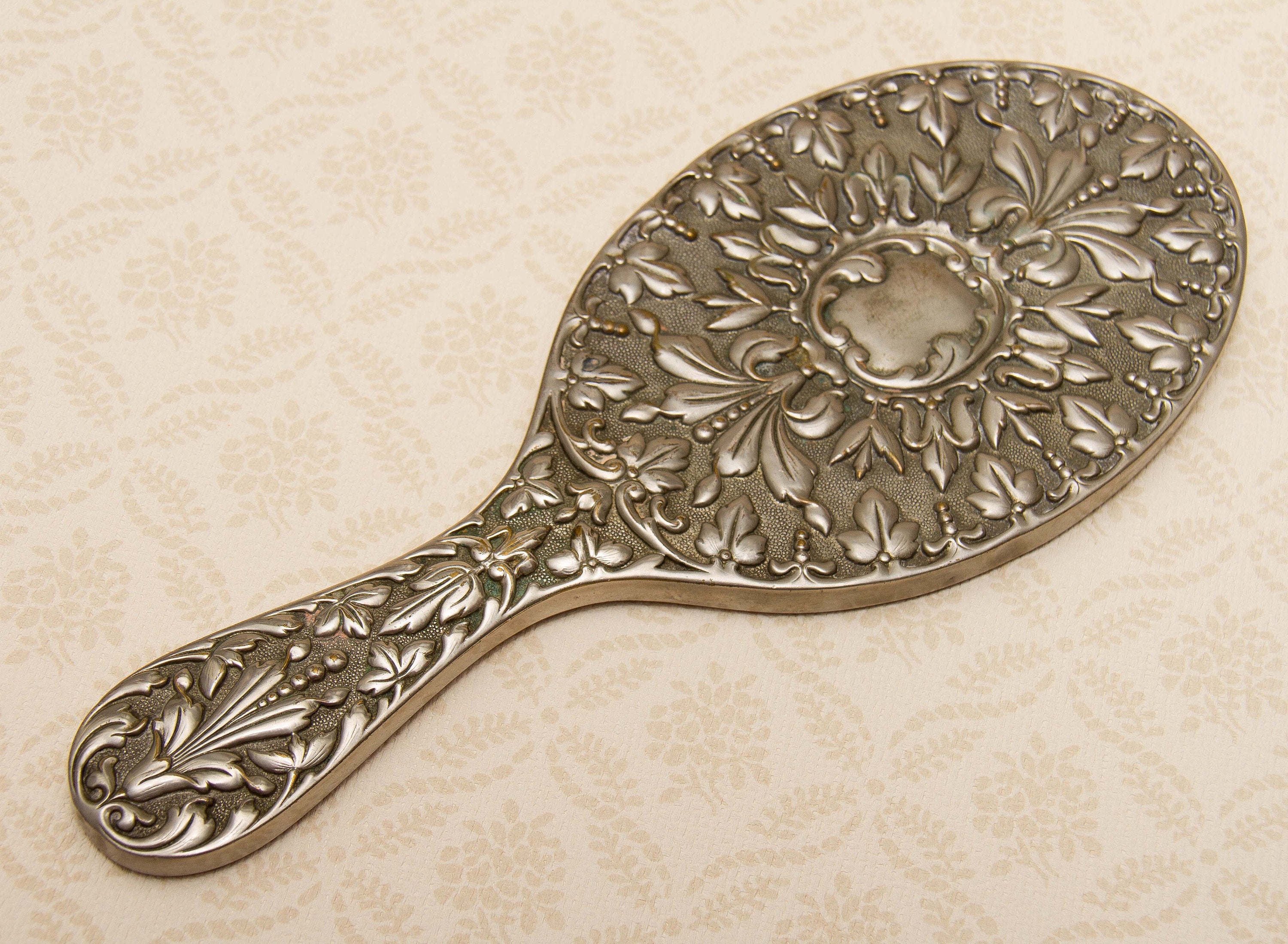 Vintage Ornate Silver Plated Hand Mirror Vanity beveled edge oval