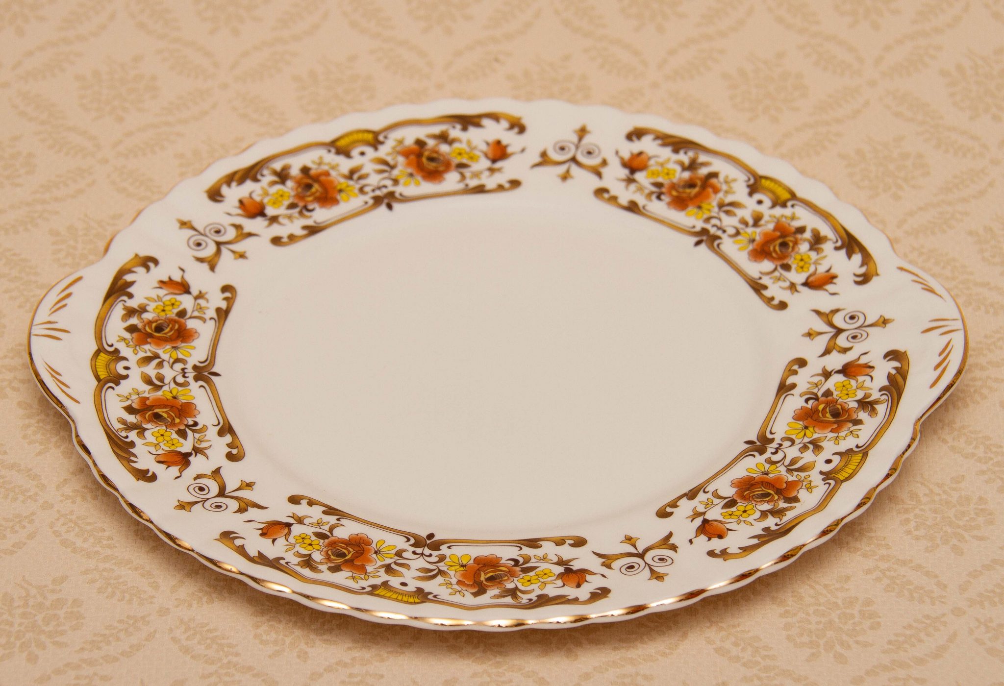 Royal Stafford Clovelly Cake Plate Orange Brown Yellow Floral pattern gold edge afternoon tea