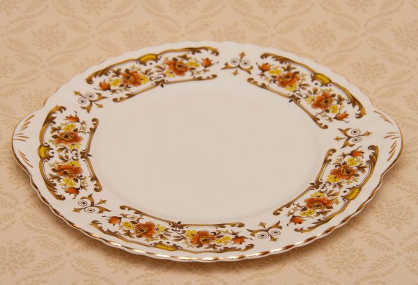 Royal Stafford Clovelly Cake Plate, Royal Stafford Clovelly Cake Plate Orange Brown Yellow Floral pattern gold edge afternoon tea serving plate