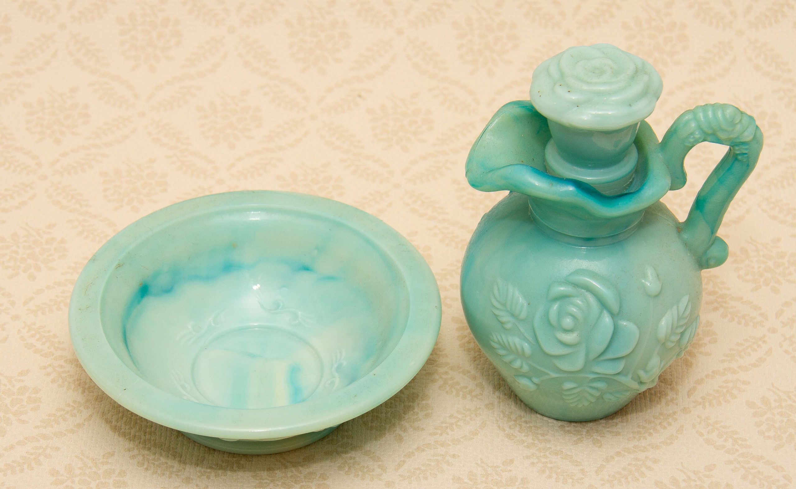 Vintage AVON Jadeite Green Milk Glass Jug & Bowl Perfume Bottle Empty Moonwind Fragrance Victorian Rose Pattern