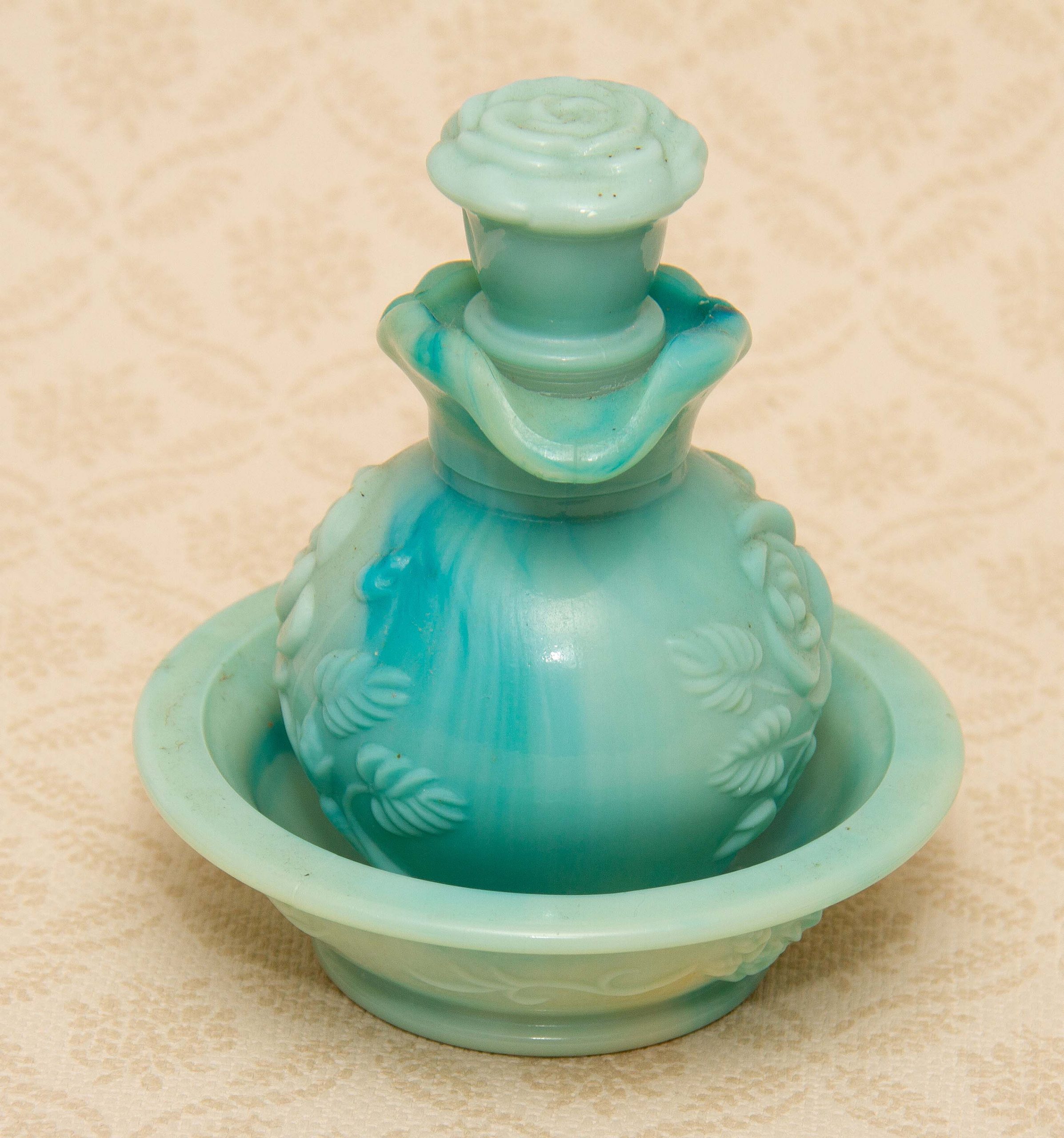 Vintage AVON Jadeite Green Milk Glass Jug & Bowl Perfume Bottle Empty Moonwind Fragrance Victorian Rose Pattern