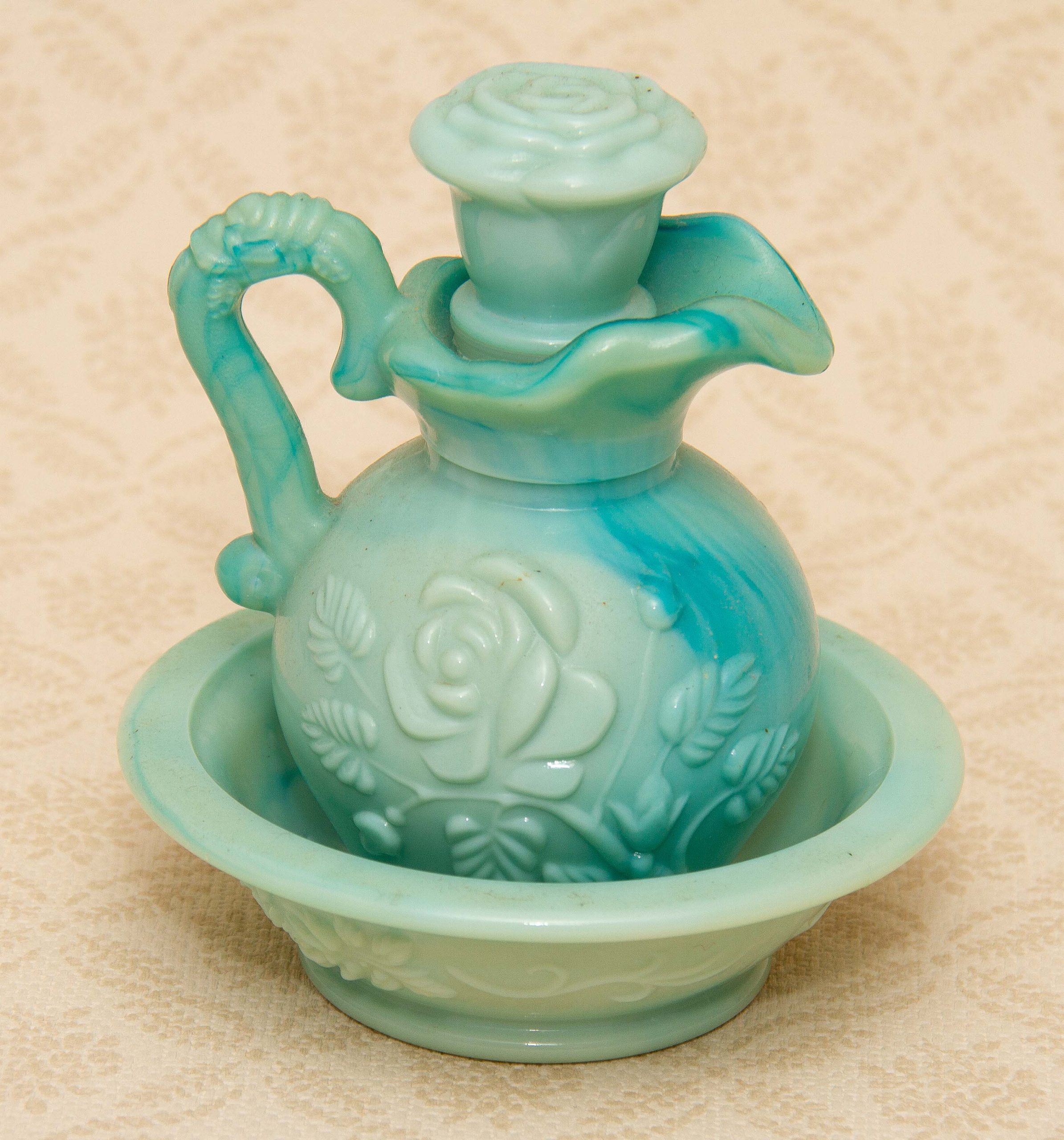 Vintage AVON Jadeite Green Milk Glass Jug & Bowl Perfume Bottle Empty Moonwind Fragrance Victorian Rose Pattern