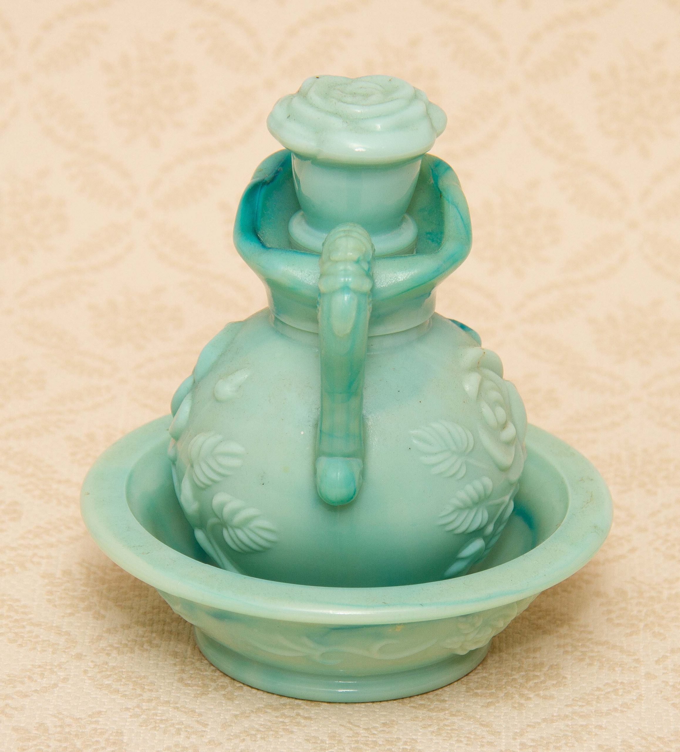 Vintage AVON Jadeite Green Milk Glass Jug & Bowl Perfume Bottle Empty Moonwind Fragrance Victorian Rose Pattern