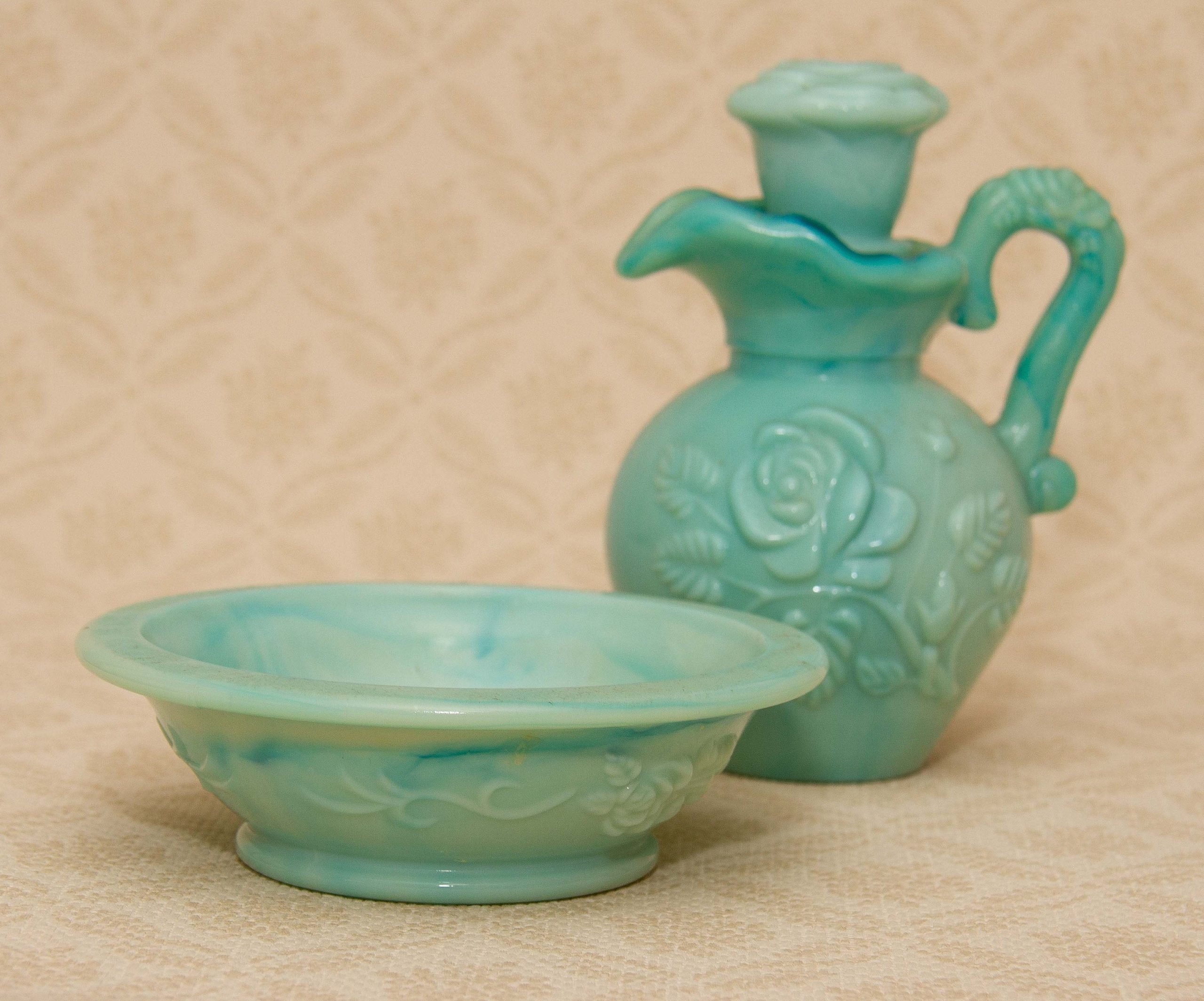 Vintage AVON Jadeite Green Milk Glass Jug & Bowl Perfume Bottle Empty Moonwind Fragrance Victorian Rose Pattern