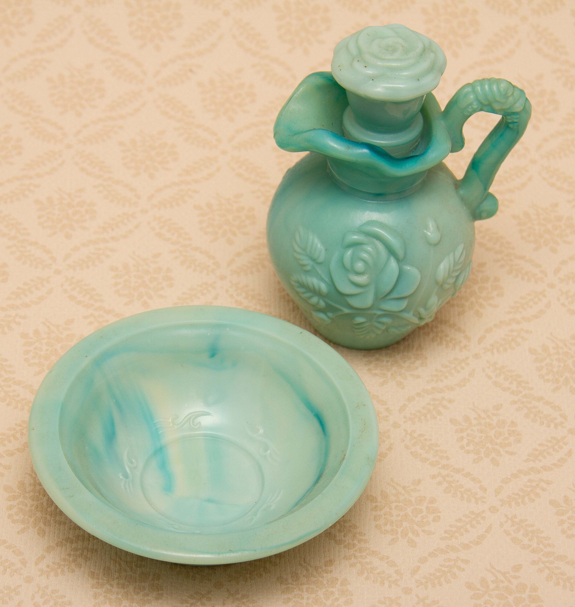 Vintage AVON Jadeite Green Milk Glass Jug & Bowl Perfume Bottle Empty Moonwind Fragrance Victorian Rose Pattern