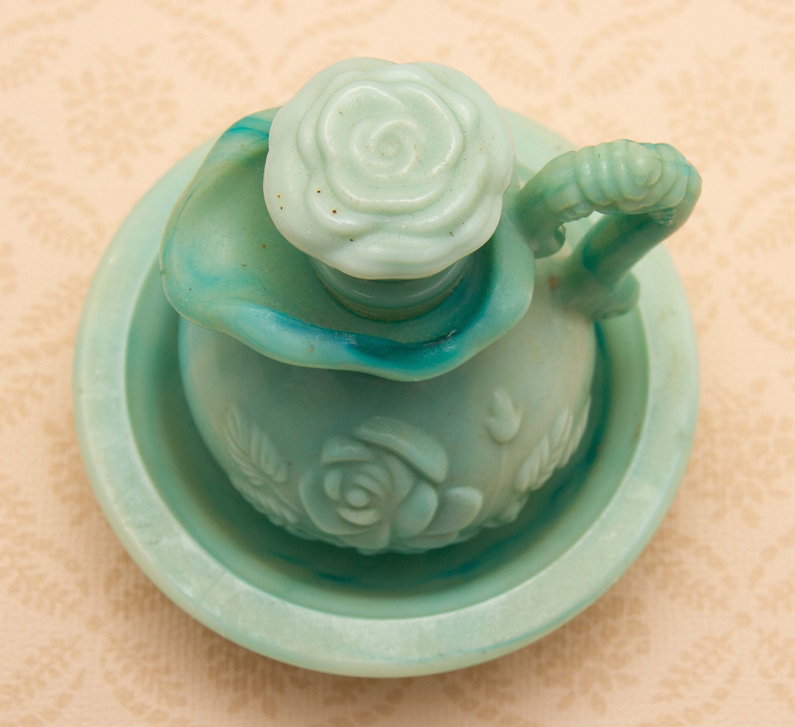 Vintage AVON Jadeite Green Milk Glass Jug & Bowl Perfume Bottle Empty Moonwind Fragrance Victorian Rose Pattern