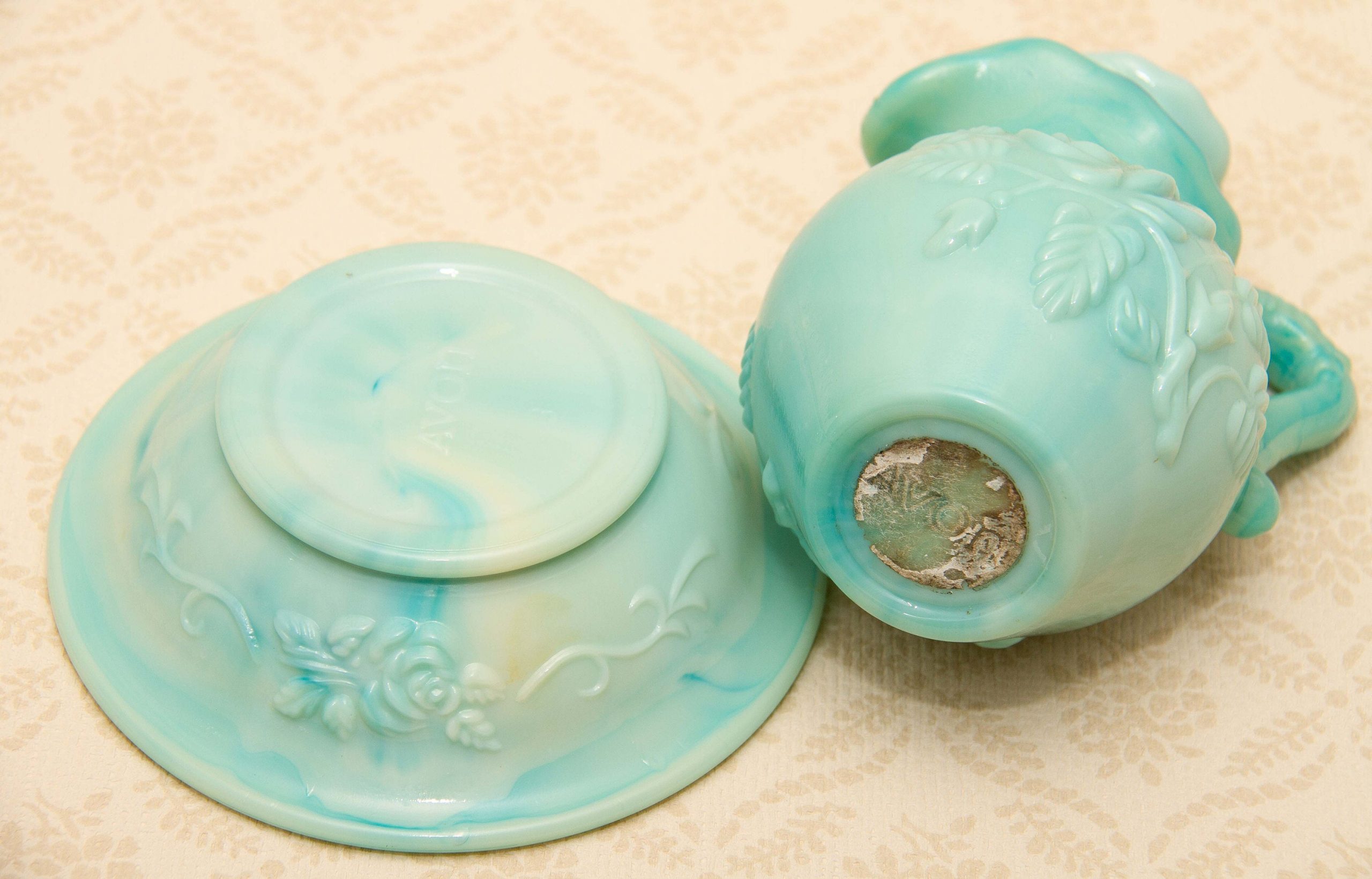 Vintage AVON Jadeite Green Milk Glass Jug & Bowl Perfume Bottle Empty Moonwind Fragrance Victorian Rose Pattern