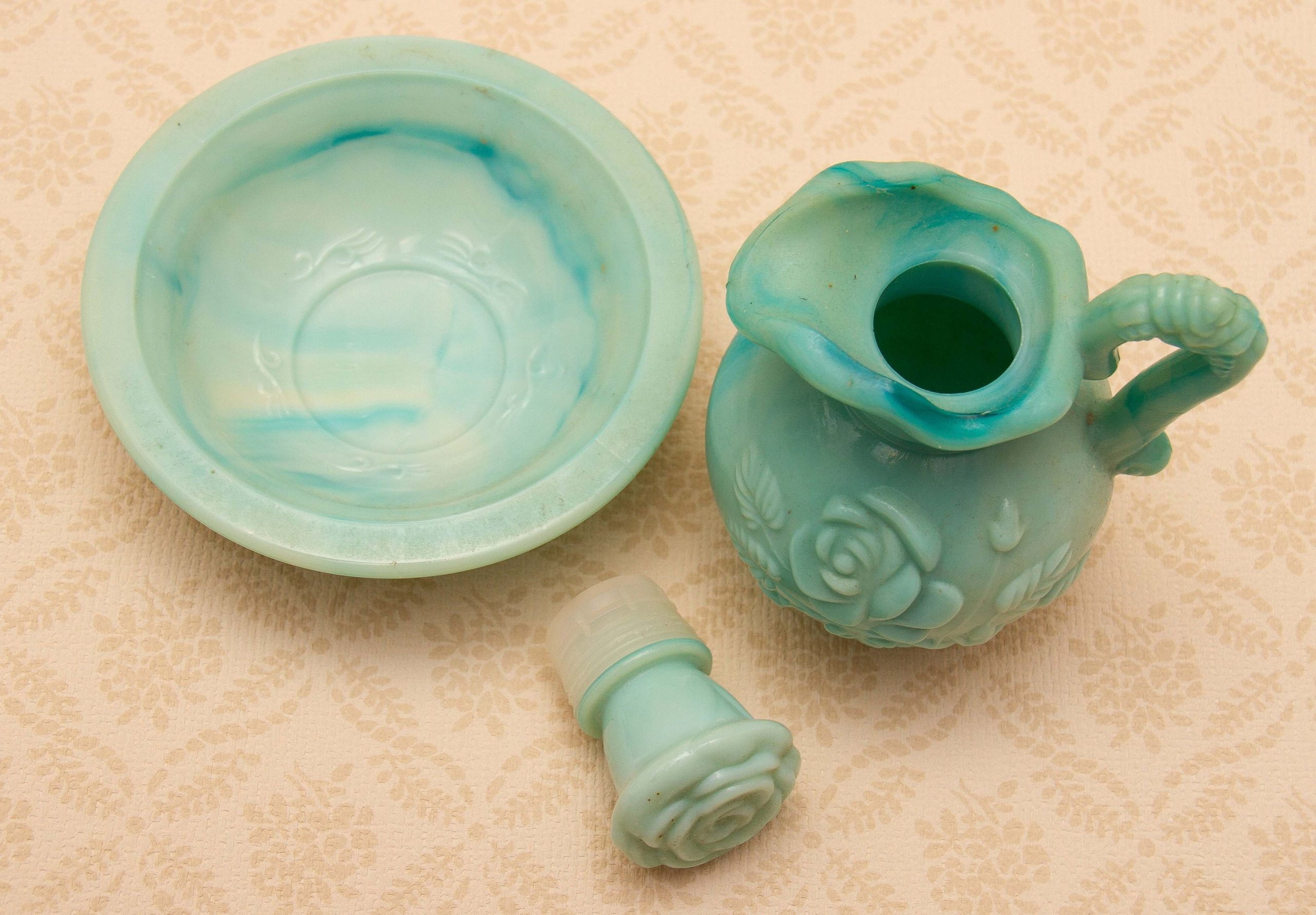 Vintage AVON Jadeite Green Milk Glass Jug & Bowl Perfume Bottle Empty Moonwind Fragrance Victorian Rose Pattern