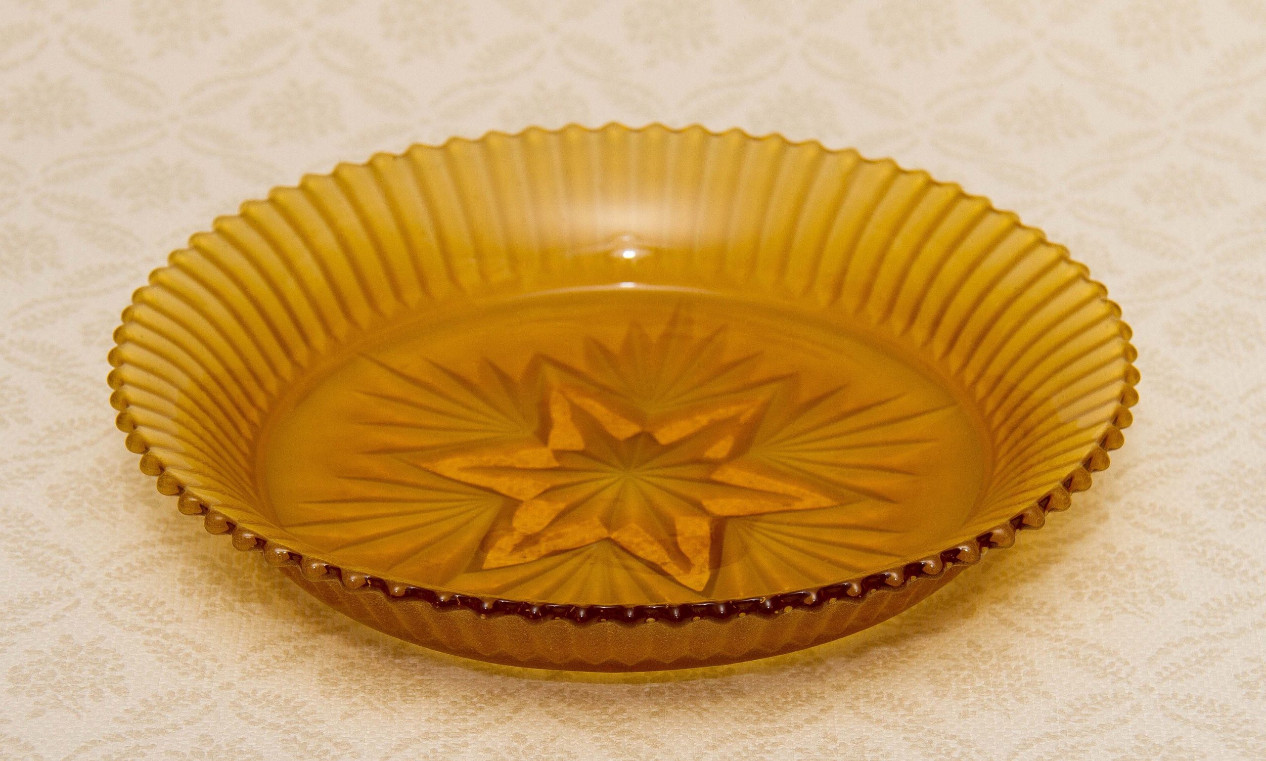 Vintage Sowerby Amber Glass Bowl cut Star base Frosted pattern Art Deco glass