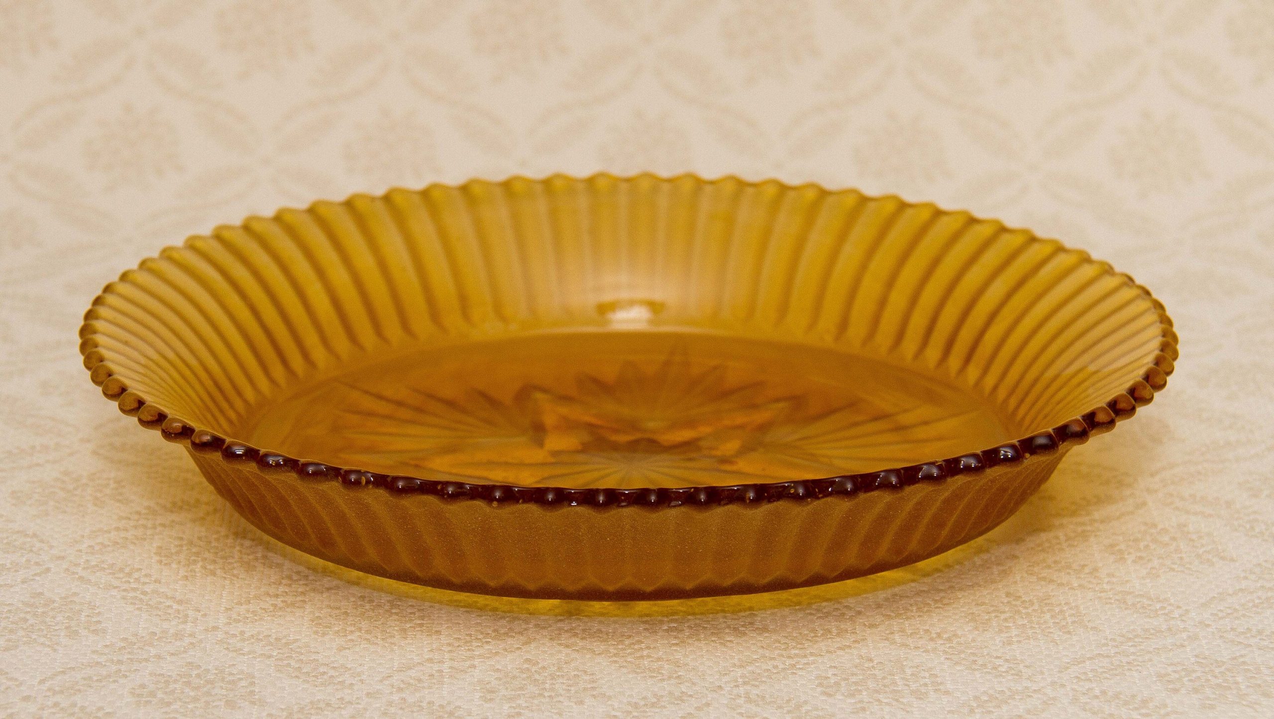 Vintage Sowerby Amber Glass Bowl cut Star base Frosted pattern Art Deco glass