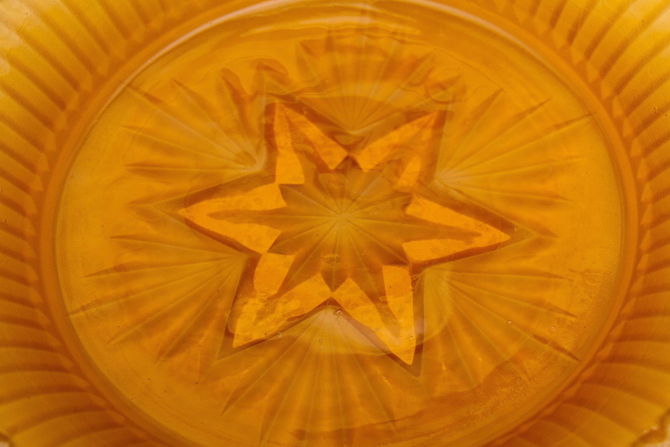 Vintage Sowerby Amber Glass Bowl cut Star base Frosted pattern Art Deco glass
