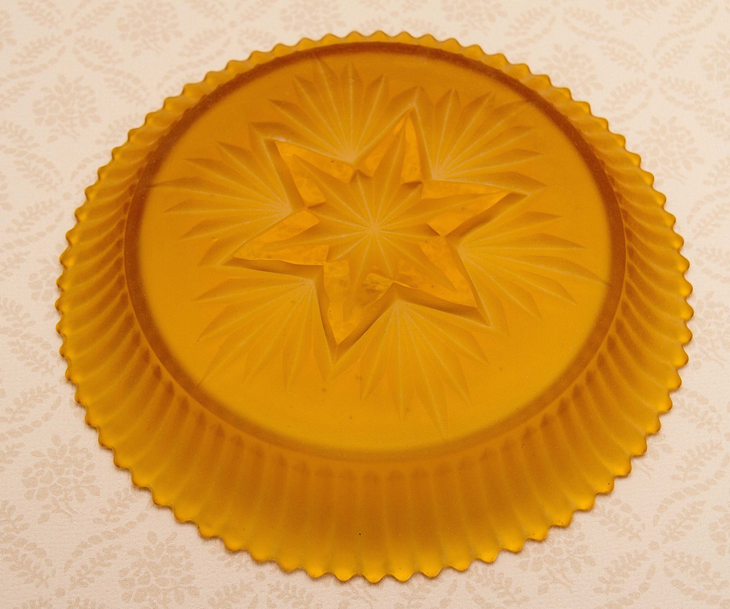 Vintage Sowerby Amber Glass Bowl cut Star base Frosted pattern Art Deco glass