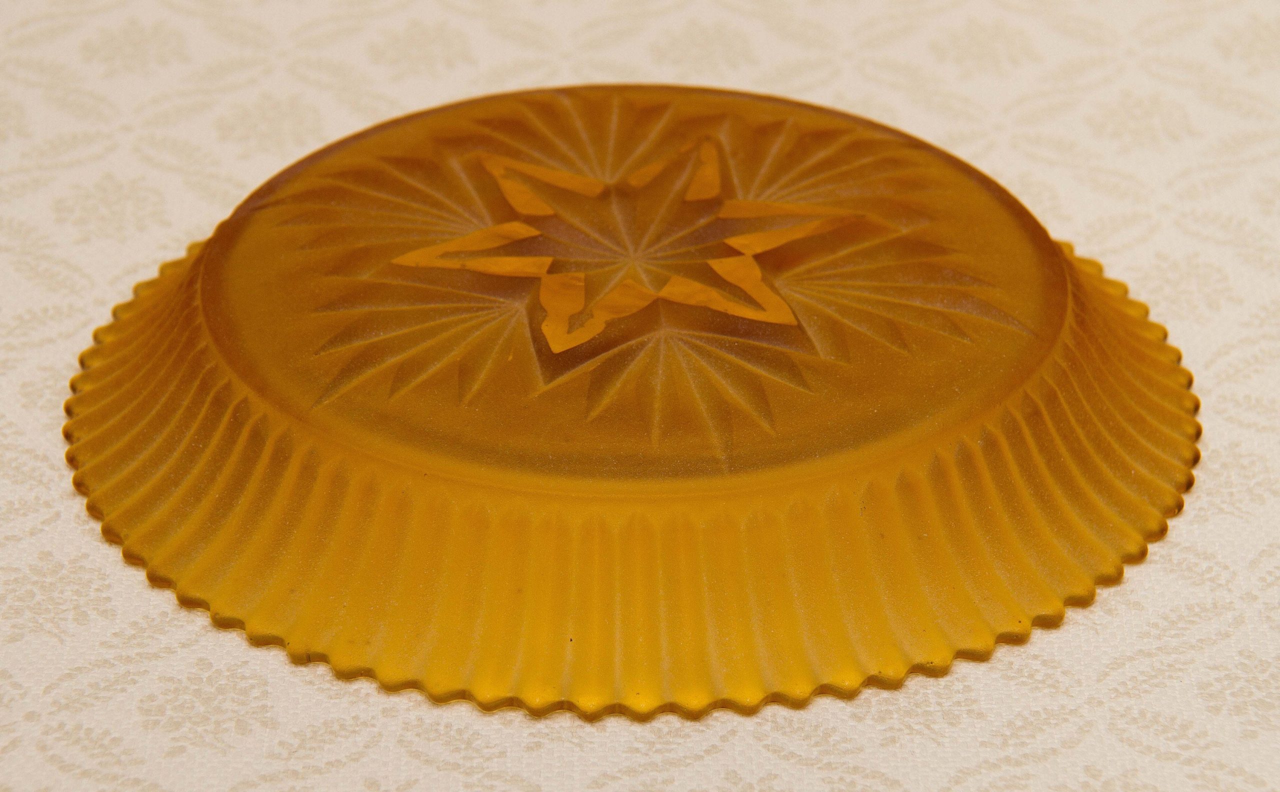 Vintage Sowerby Amber Glass Bowl cut Star base Frosted pattern Art Deco glass