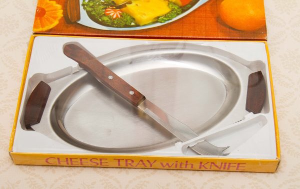 Vintage stainless steel tray, Vintage stainless steel tray and cheese knife with wood handles 1960&#8217;s 1970&#8217;s Mid Century Modern in original Box