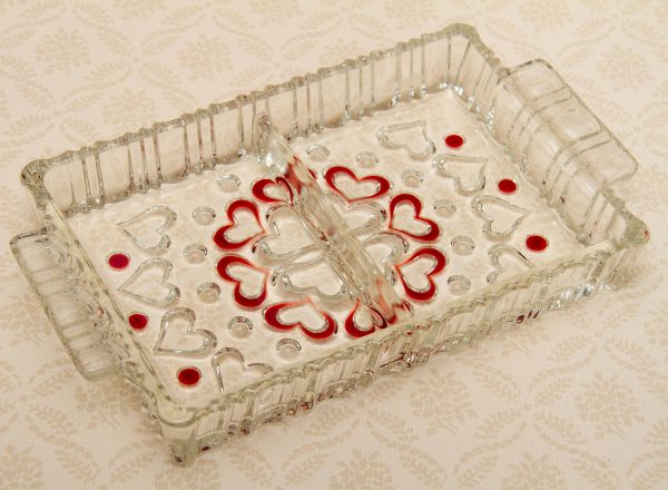 Walther Glass Germany, Walther Glass Germany Red Hearts Pattern Trinket Jewellery Snacks Nuts divided dish Rectangle 2 section tray