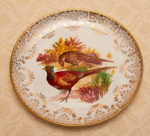 Ridgway Staffordshire Pottery Pheasant Game Bird Plate, Ridgway Staffordshire Pottery Pheasant Game Bird Plate Gold Filigree Edge