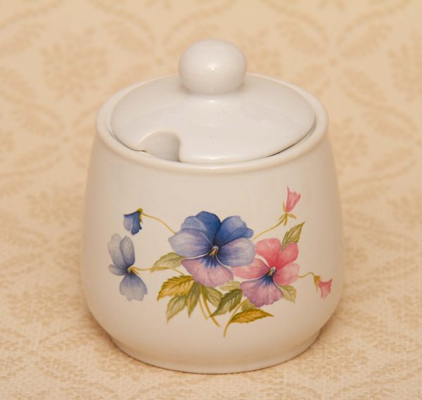 Wade Royal Victoria Pottery Sugar Bowl, Wade Royal Victoria Pottery Sugar Bowl With Lid Pink and Blue Flower Pattern 1950&#8217;s