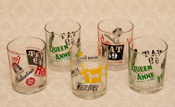 , Vintage Whisky Tumblers Mid Century Kitsch drinking glasses Famous Brands Retro
