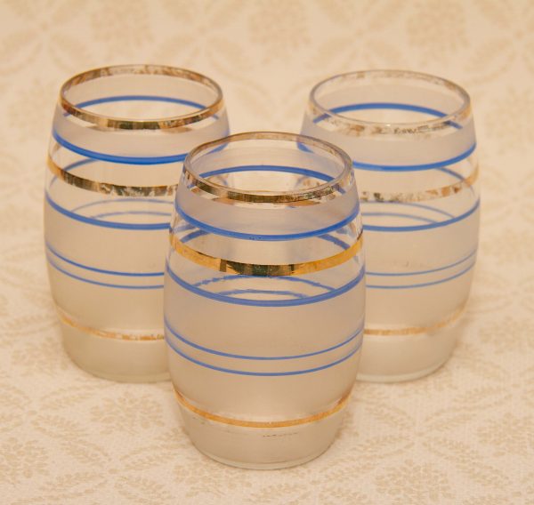 Vintage Tumblers Glasses, Vintage Tumblers Blue Gold Bands Mid Century drinking glasses