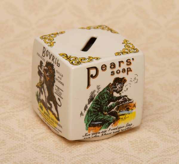Vintage Pottery Money Box, Victorian Advertisements Vintage Pottery Money Box Pears Soap Bovril