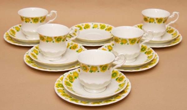 Mayfair Fine Bone China Trio, Mayfair Vintage Fine Bone China Tea Trio cup saucer plate 5 sets Yellow Flower Pattern