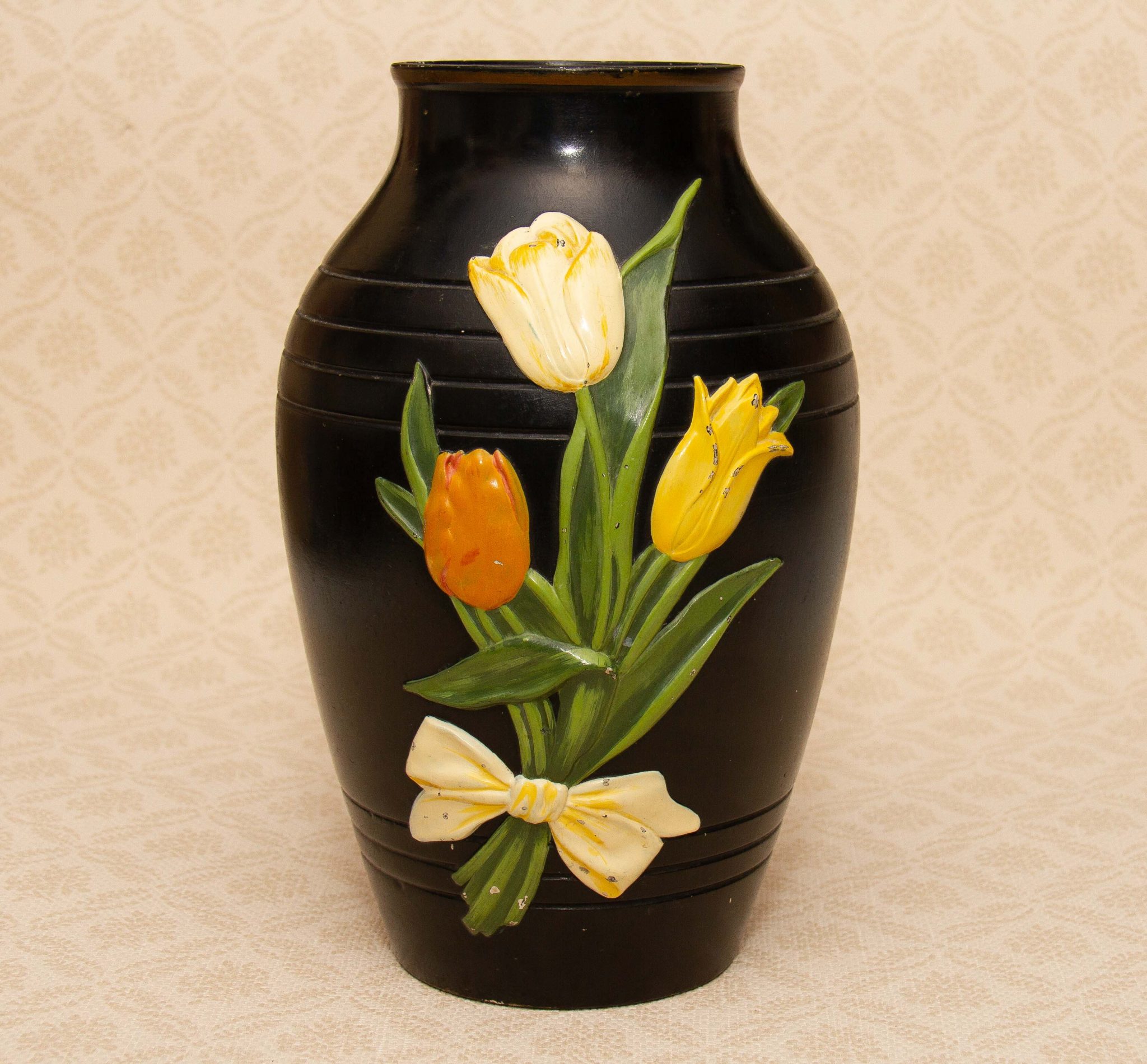 Brentleigh Ware Marden Large Black Vase Tulips Design 1950's