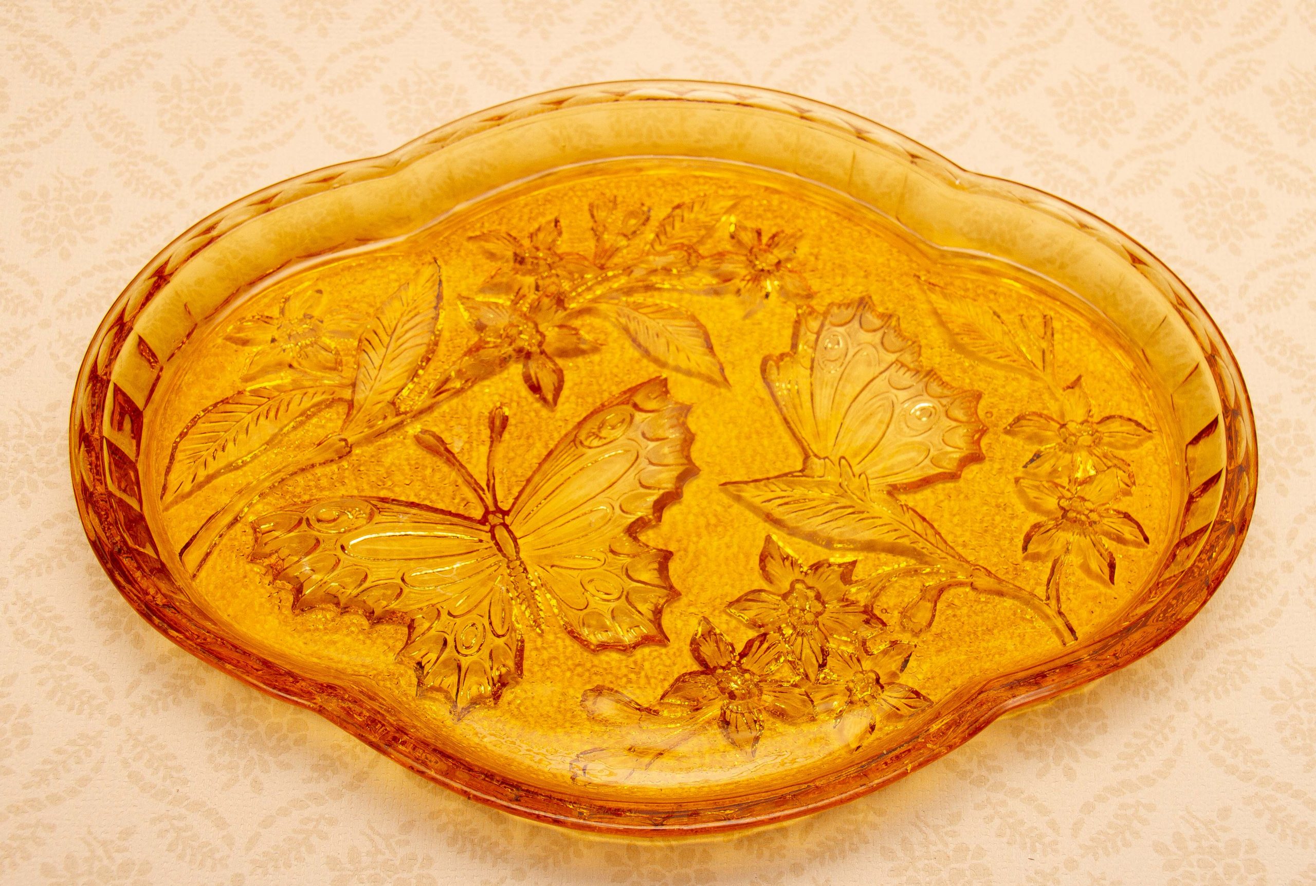 Sowerby Glass Amber Dressing Table Set Butterfly Tray Candlesticks