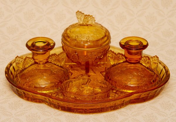 Sowerby amber glass dressing table set, Sowerby Glass Amber Dressing Table Set Butterfly Tray Candlesticks Trinket Dish Small Tray Vintage Pressed Glass
