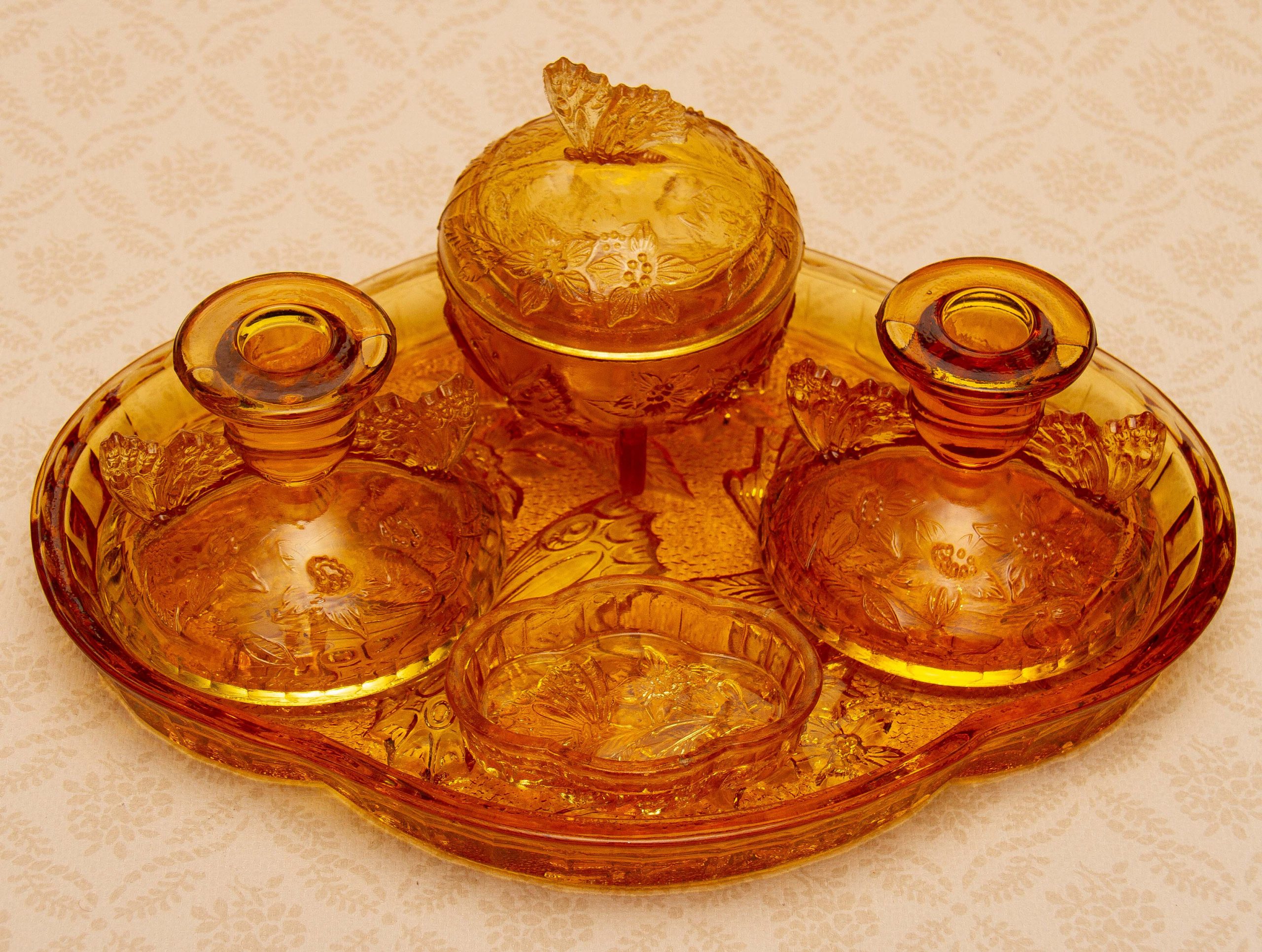 Art Deco Amber Glass Dressing Table Set Butterfly Theme Tray Candlesticks Trinket Dish Small Tray Vintage Glass