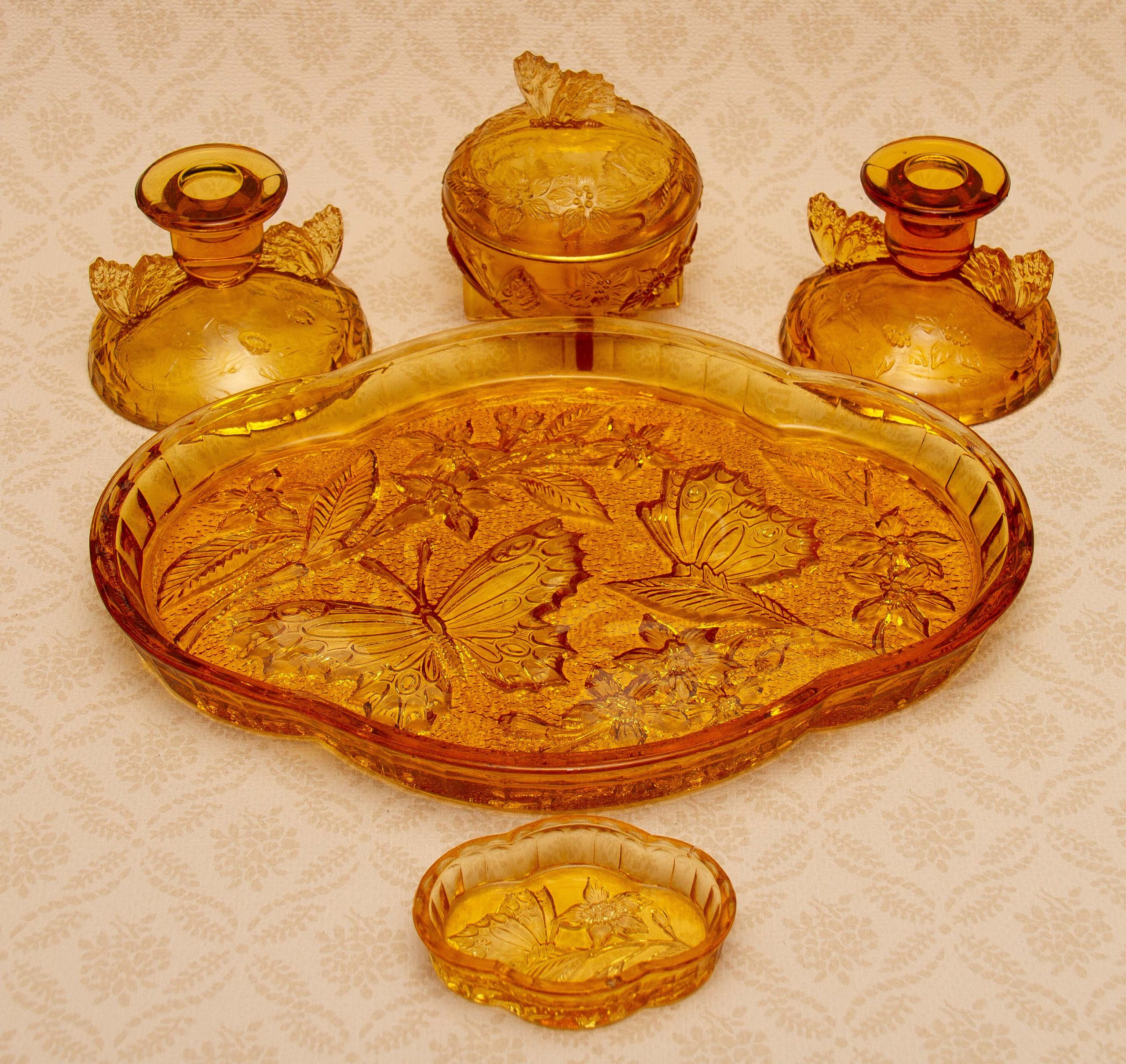 Sowerby Glass Amber Dressing Table Set Butterfly Tray Candlesticks