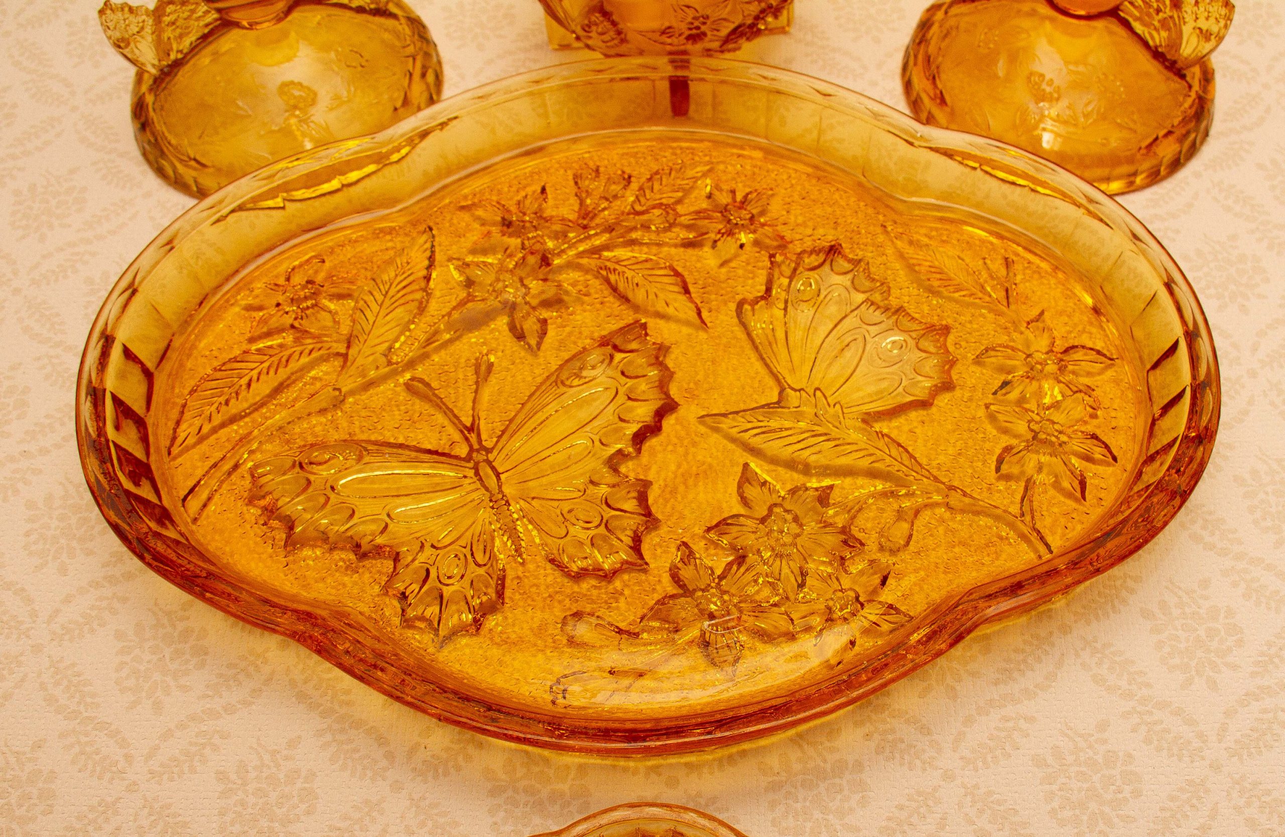 Art Deco Amber Glass Dressing Table Set Butterfly Theme Tray Candlesticks Trinket Dish Small Tray Vintage Glass